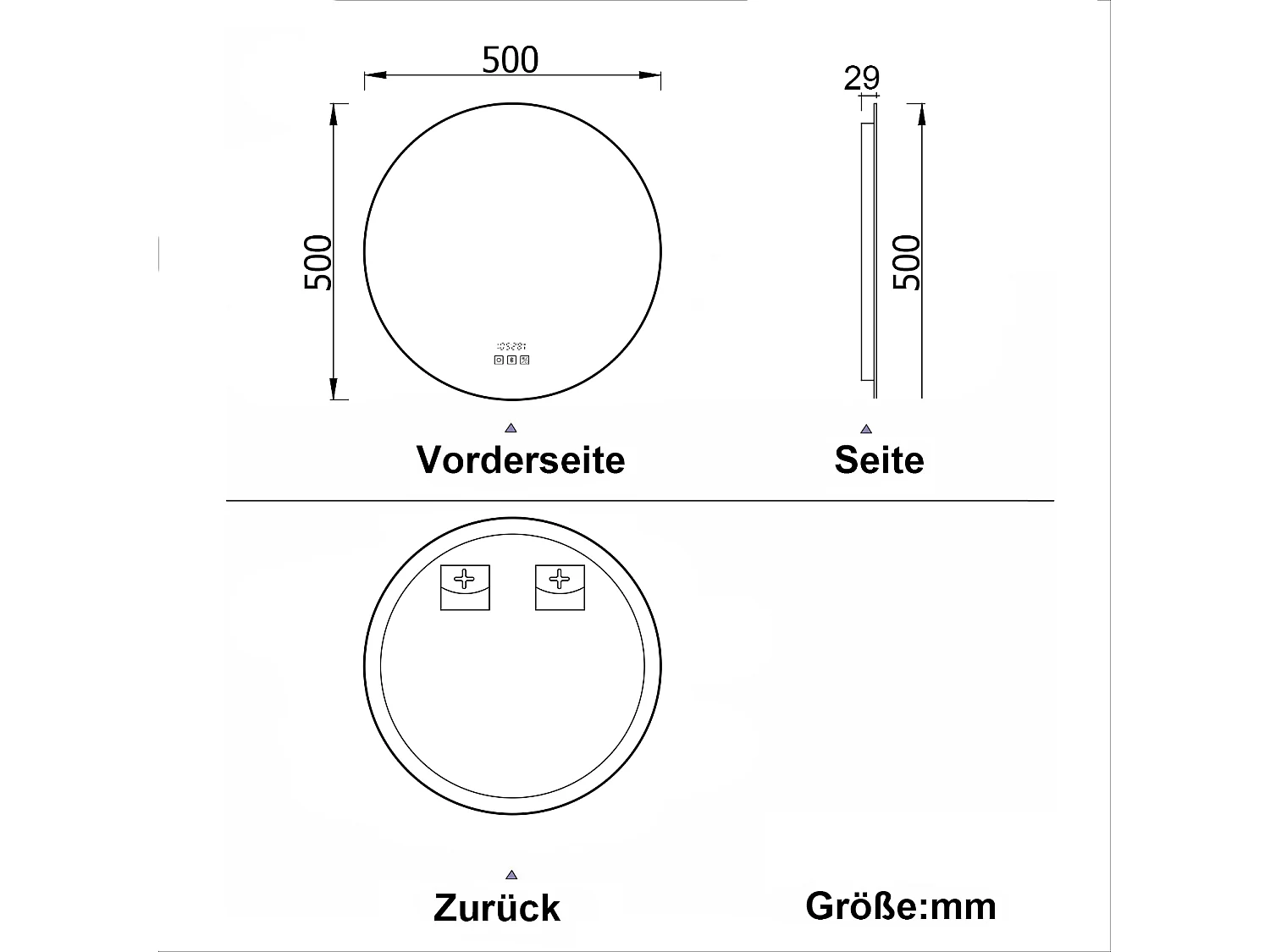AICA LED Badspiegel Rund 50cm Bluetooth Uhr Anti-Beschlag 3 Lichfarbe Dimmbar Memory-Funktion