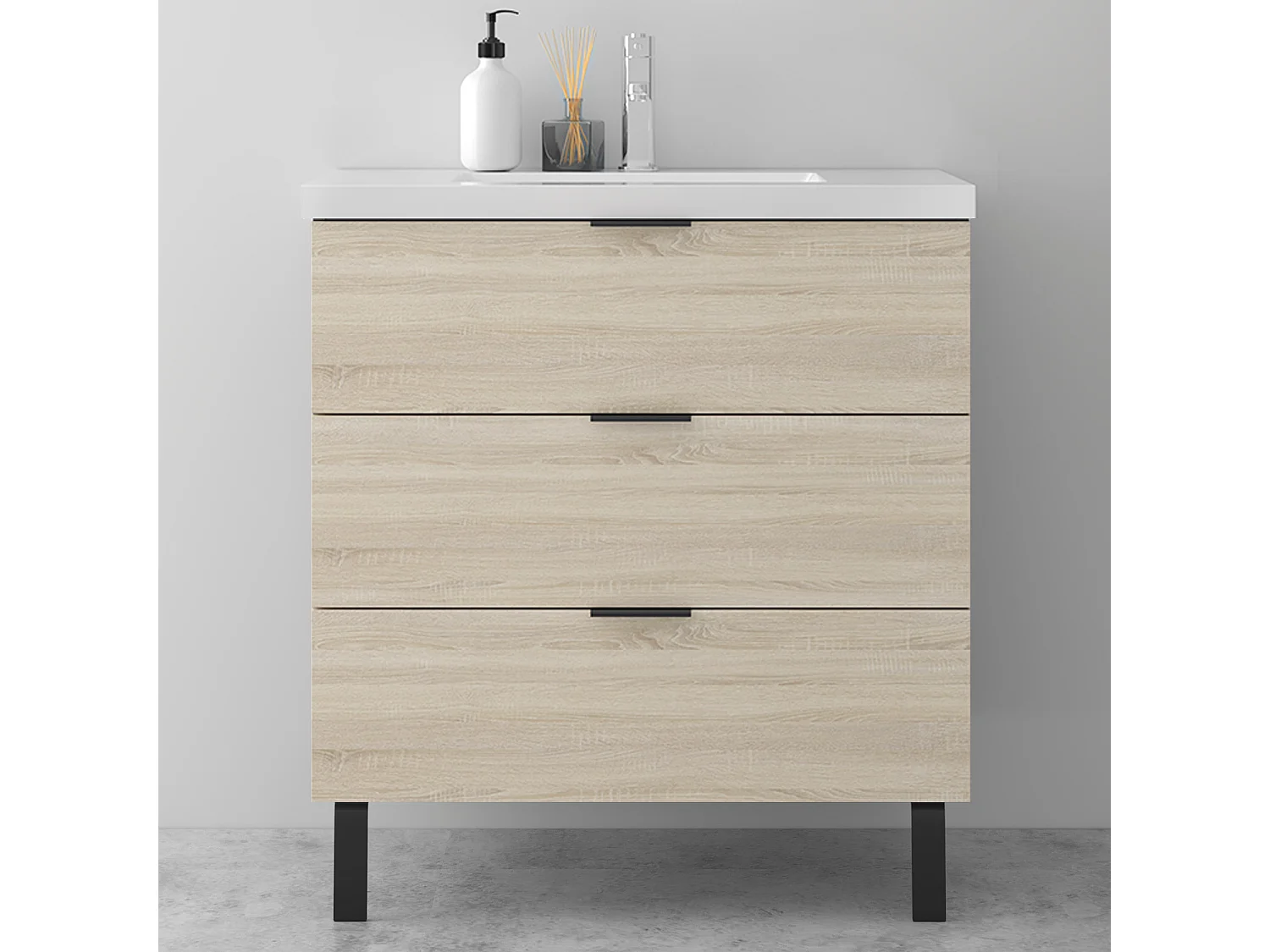 AICA Ensembles de meubles de Salle de Bain 80cm avec 2 Pieds, et vasque en céramique, 3 tiroirs, Chêne, Style Moderne