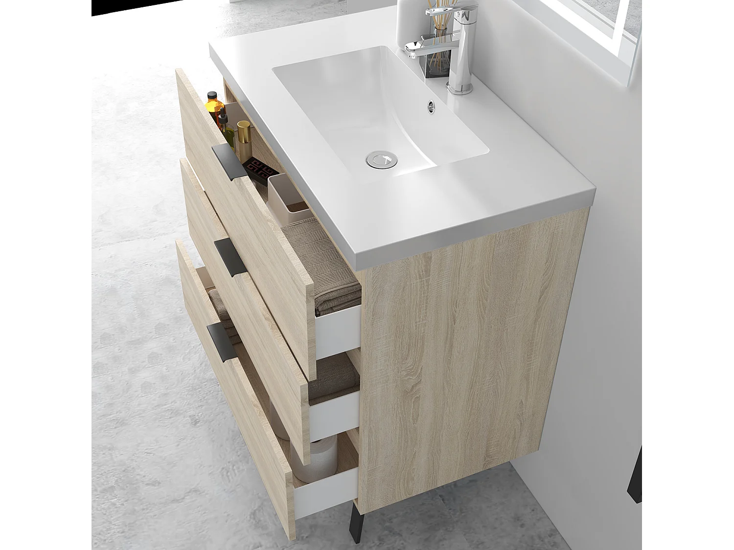 AICA Ensembles de meubles de Salle de Bain 80cm avec 2 Pieds, et vasque en céramique, 3 tiroirs, Chêne, Style Moderne