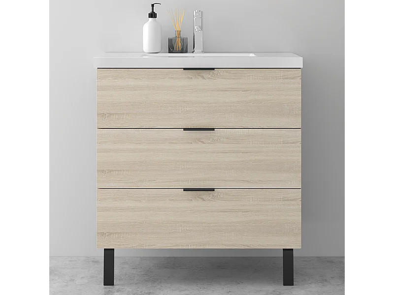 AICA Ensembles de meubles de Salle de Bain 80cm avec 2 Pieds, et vasque en céramique, 3 tiroirs, Chêne, Style Moderne