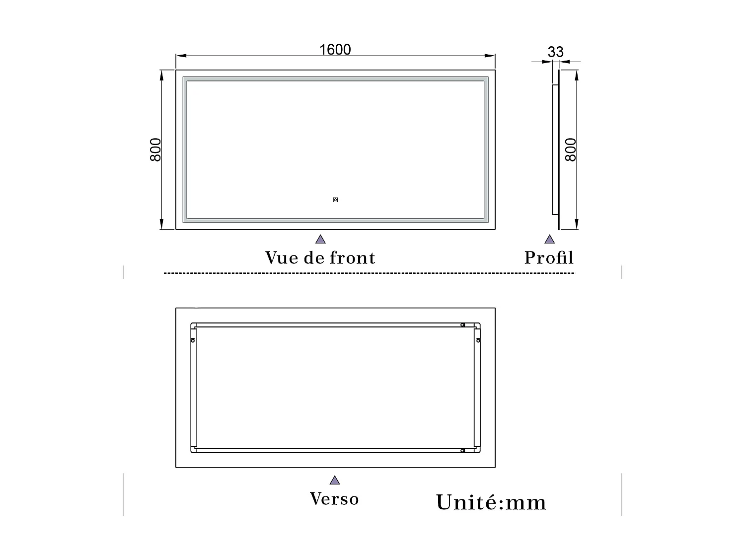 Miroir de salle de bain lumineux L.160 x H.80 cm avec Dimmable + Mémoire + D'arrêt automatique, Miroir LED Mural