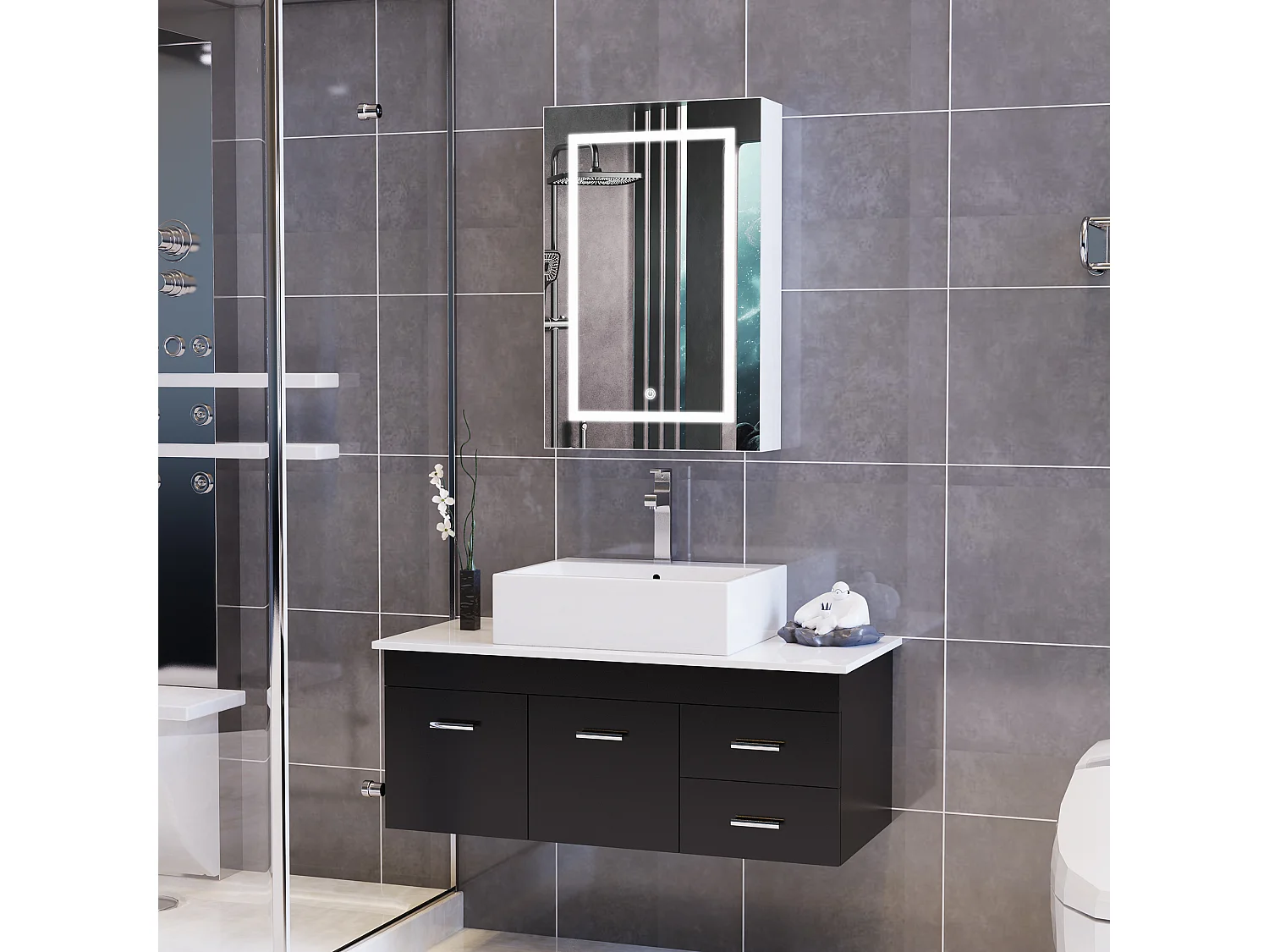 Badkamerspiegel met ledverlichting, opbergruimte, 3 instelbare lichtkleuren, 50 x 70 cm