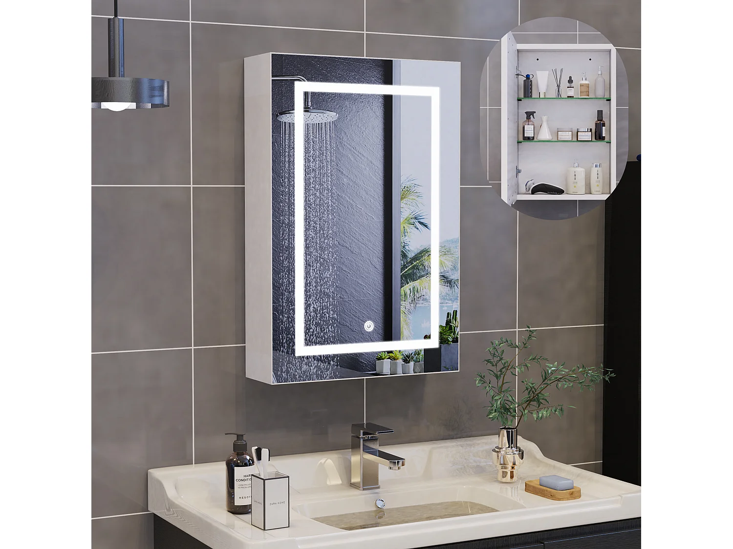 Badkamerspiegel met ledverlichting, opbergruimte, 3 instelbare lichtkleuren, 50 x 70 cm