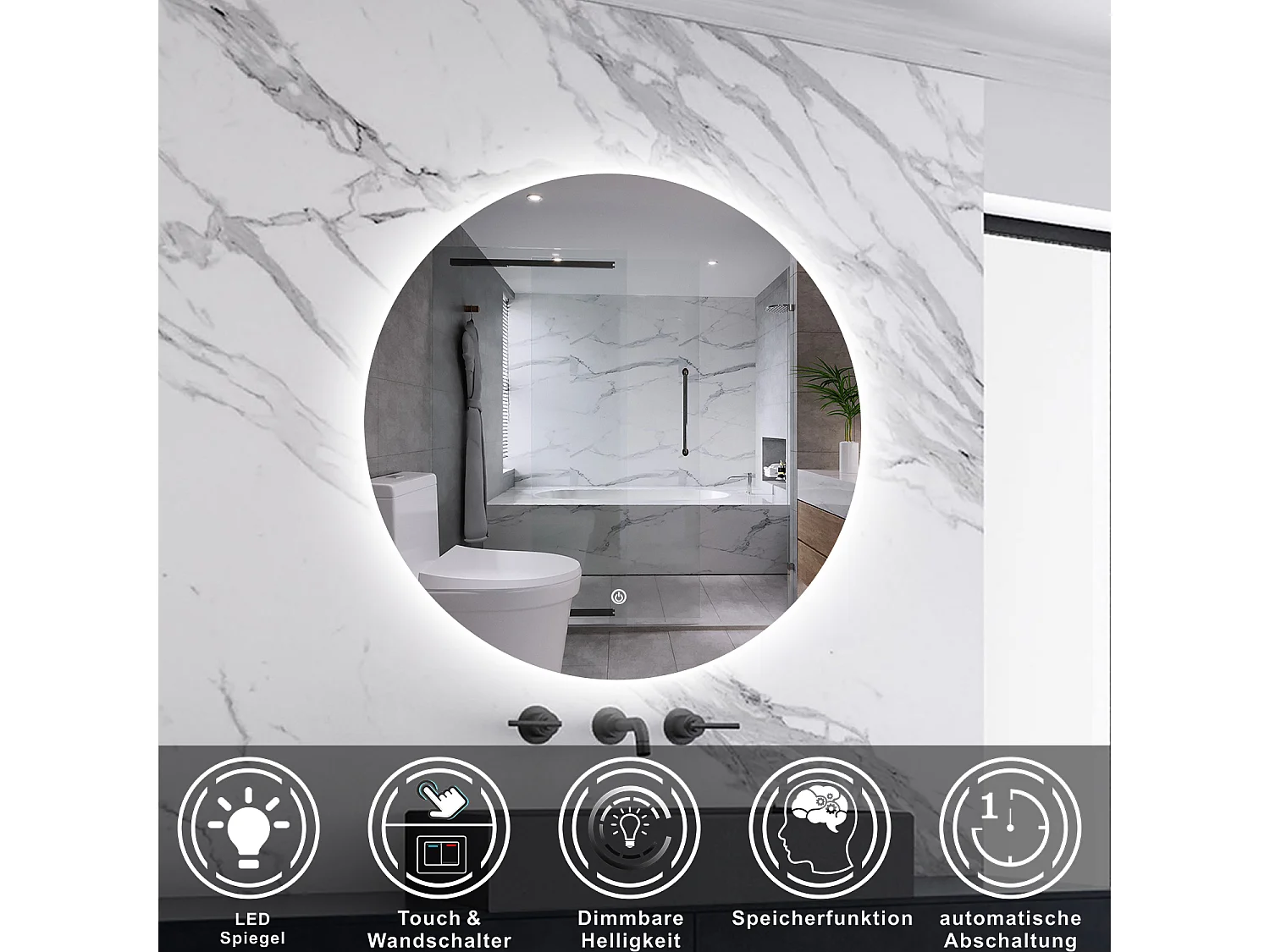 AICA LED Badspiegel ф70cm mit Kaltweiß Dimmbar Memory-Funktion - LED Hinterbeleuchtung - Rund