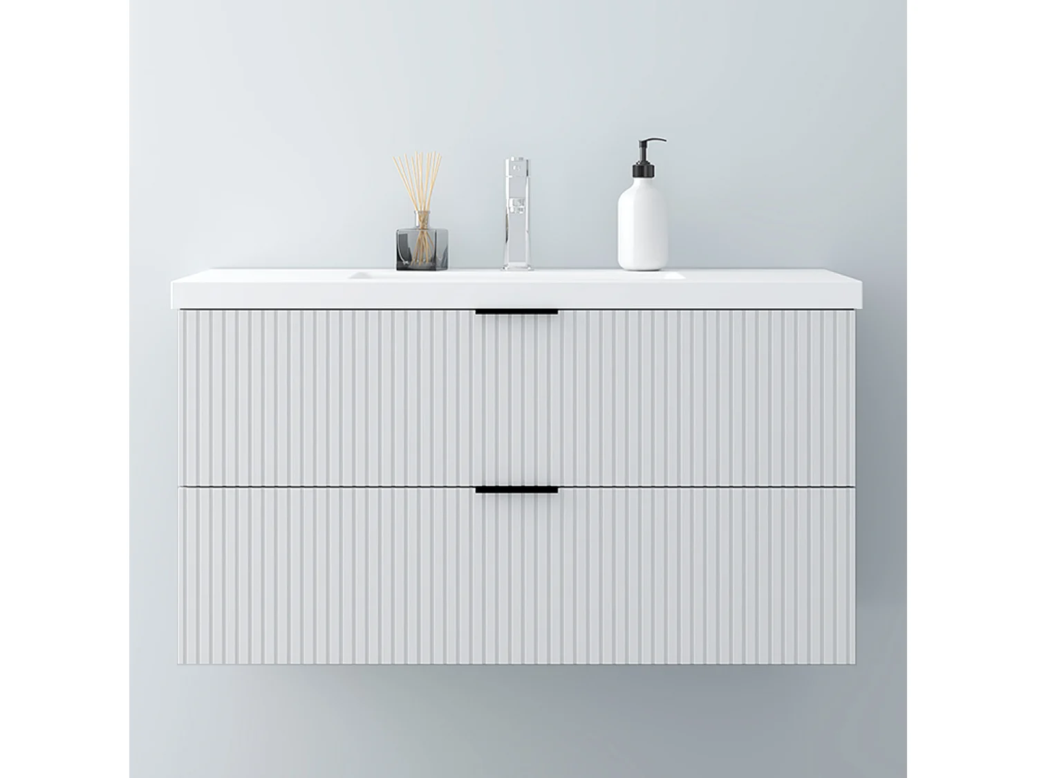 AICA Badmöbel 100cm Mineralguss Waschtisch Waschtisch mit Unterschrank hängend - Streifenoptik - Matt Weiß