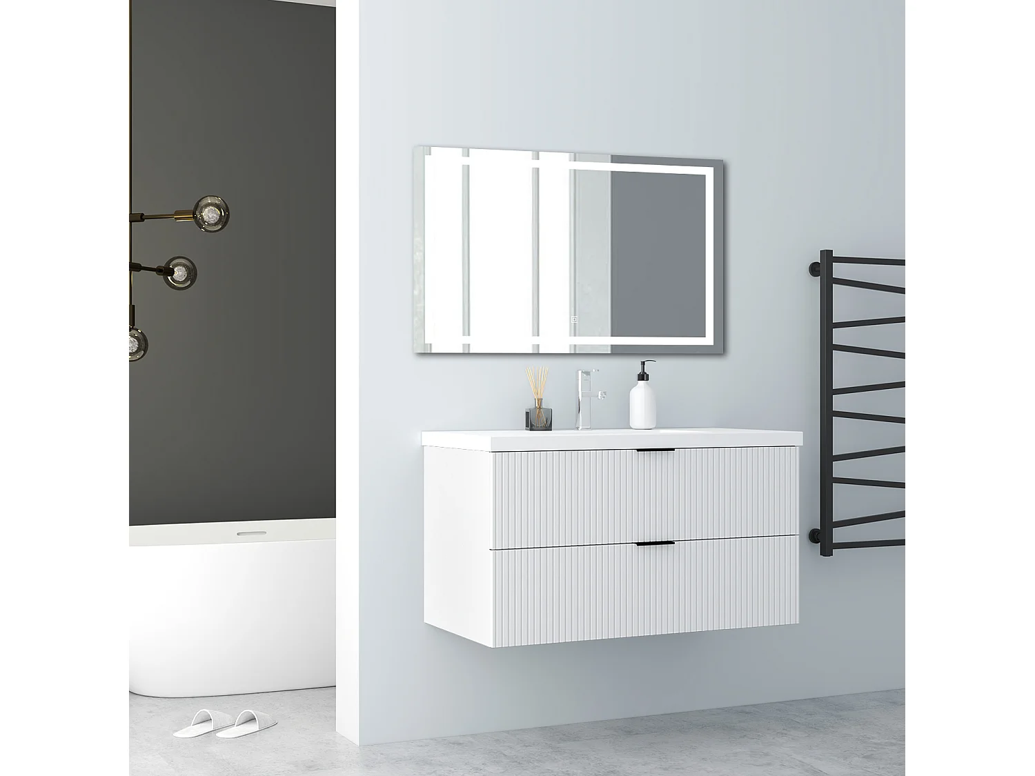 AICA Badmöbel 100cm Mineralguss Waschtisch Waschtisch mit Unterschrank hängend - Streifenoptik - Matt Weiß