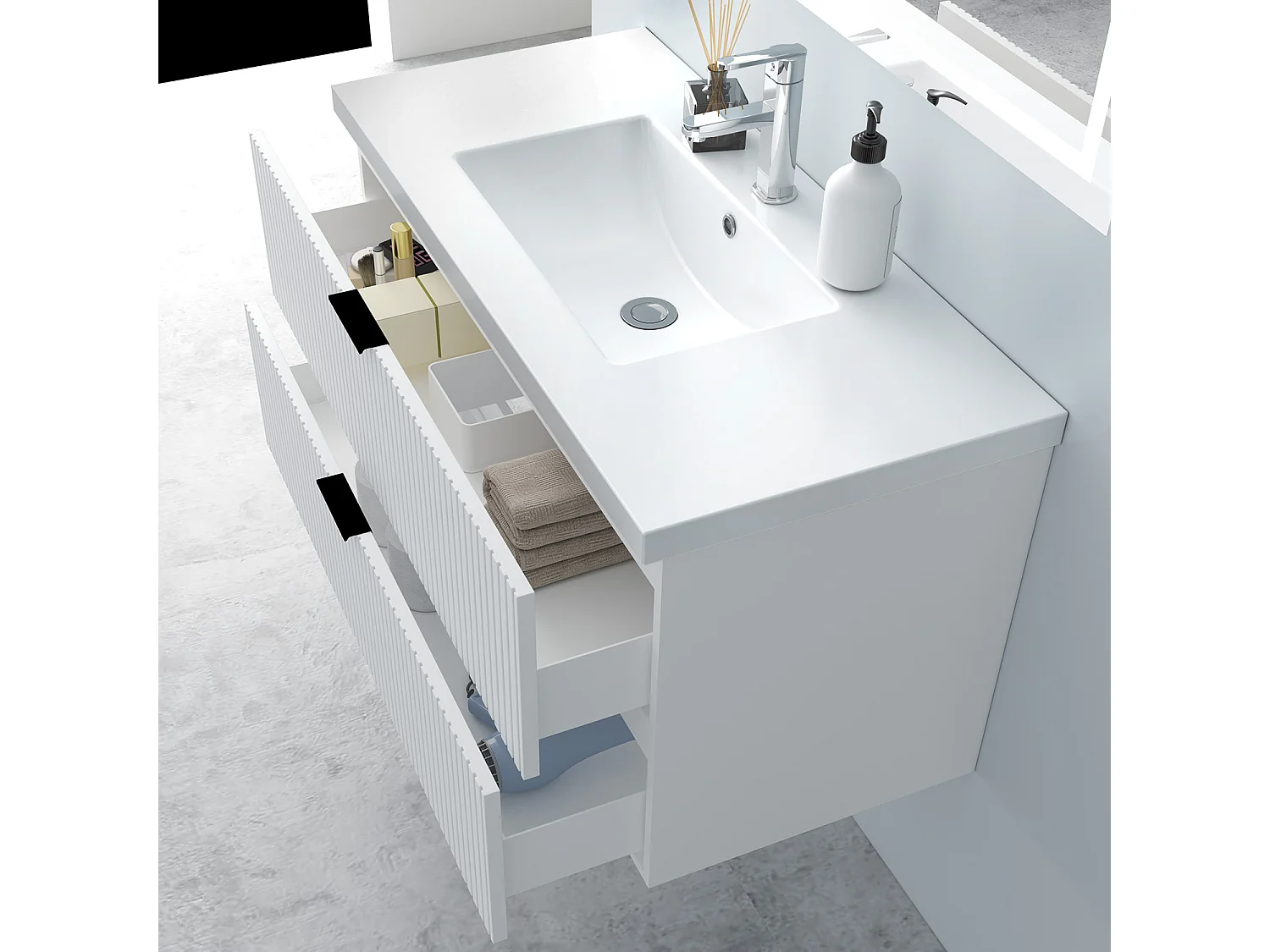 AICA Badmöbel 100cm Mineralguss Waschtisch Waschtisch mit Unterschrank hängend - Streifenoptik - Matt Weiß