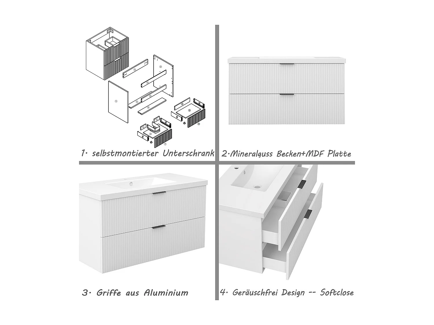 AICA Badmöbel 100cm Mineralguss Waschtisch Waschtisch mit Unterschrank hängend - Streifenoptik - Matt Weiß