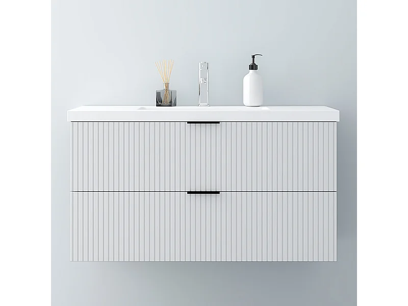 AICA Badmöbel 100cm Mineralguss Waschtisch Waschtisch mit Unterschrank hängend - Streifenoptik - Matt Weiß