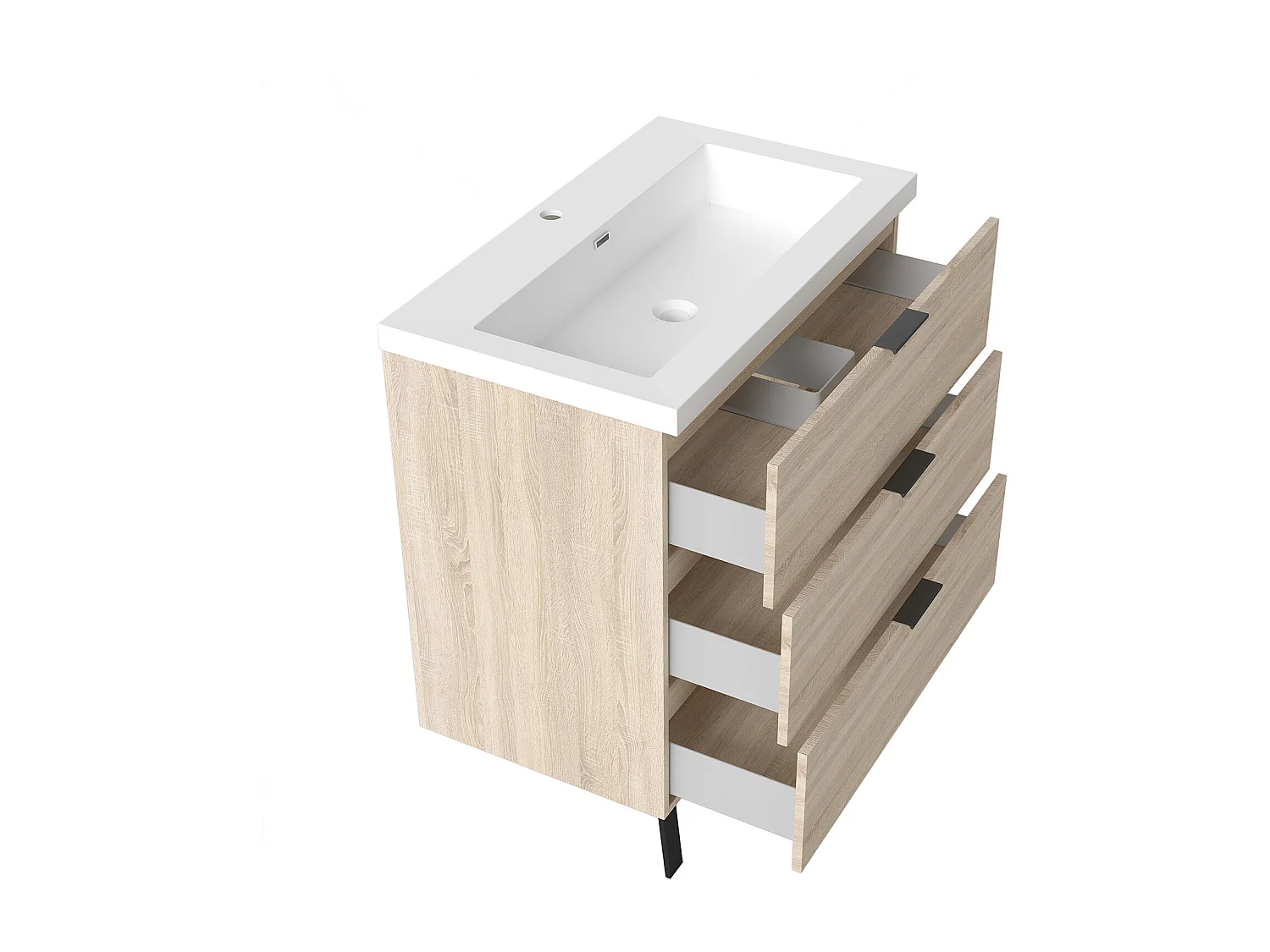 AICA Meuble salle de bain 80cm avec 3 tiroirs + 2 Pieds, Meuble simple vasque, Chêne