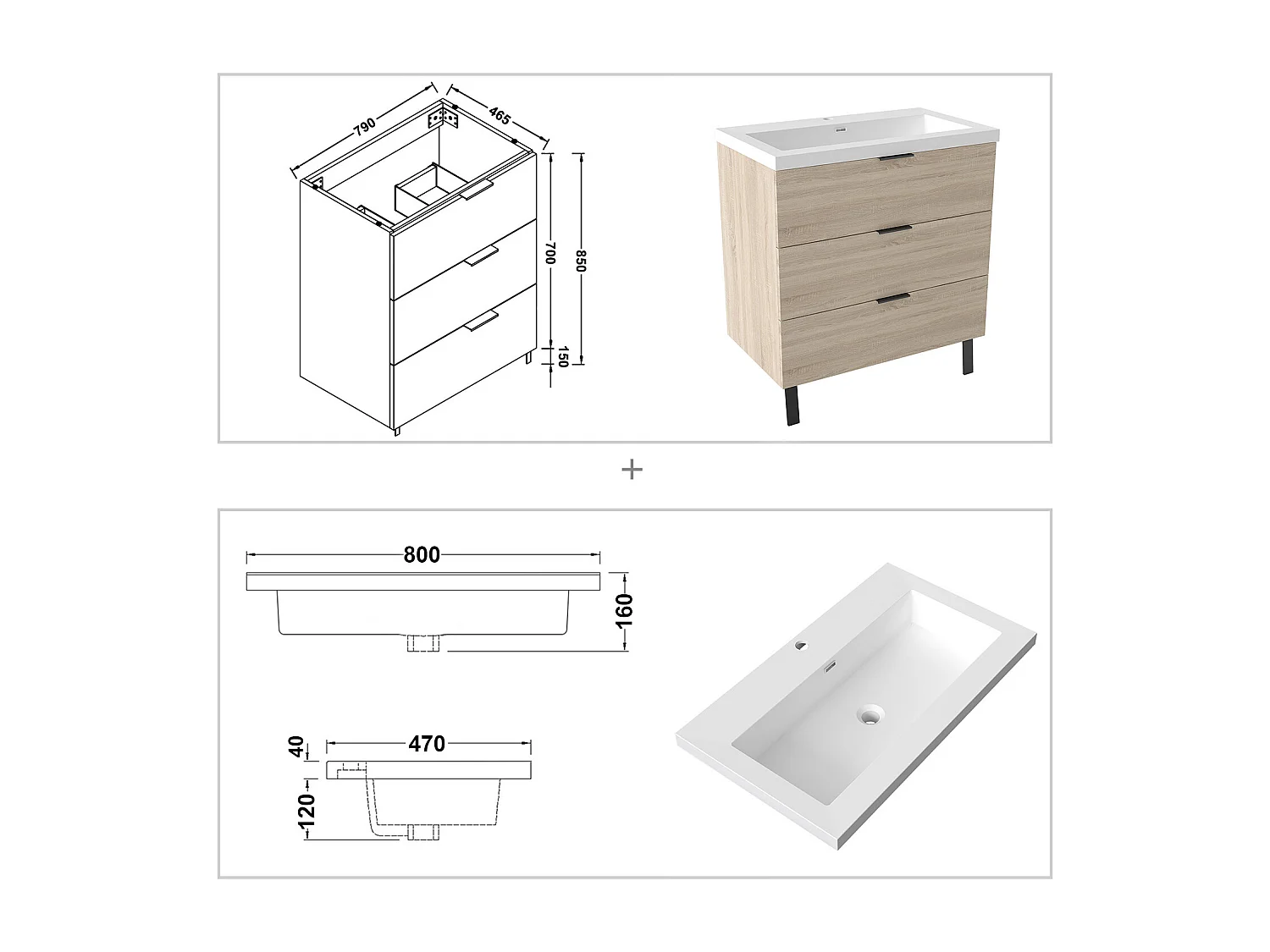 AICA Meuble salle de bain 80cm avec 3 tiroirs + 2 Pieds, Meuble simple vasque, Chêne