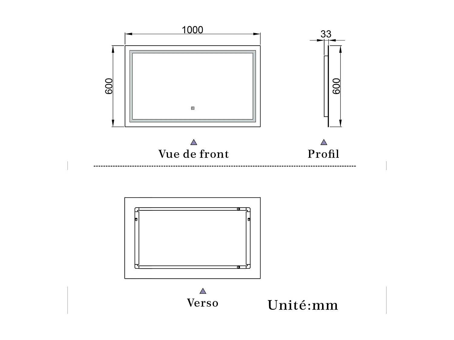 Miroir de salle de bain lumineux L.100 x H.60 cm avec Dimmable + Mémoire + D'arrêt automatique, Miroir LED Mural