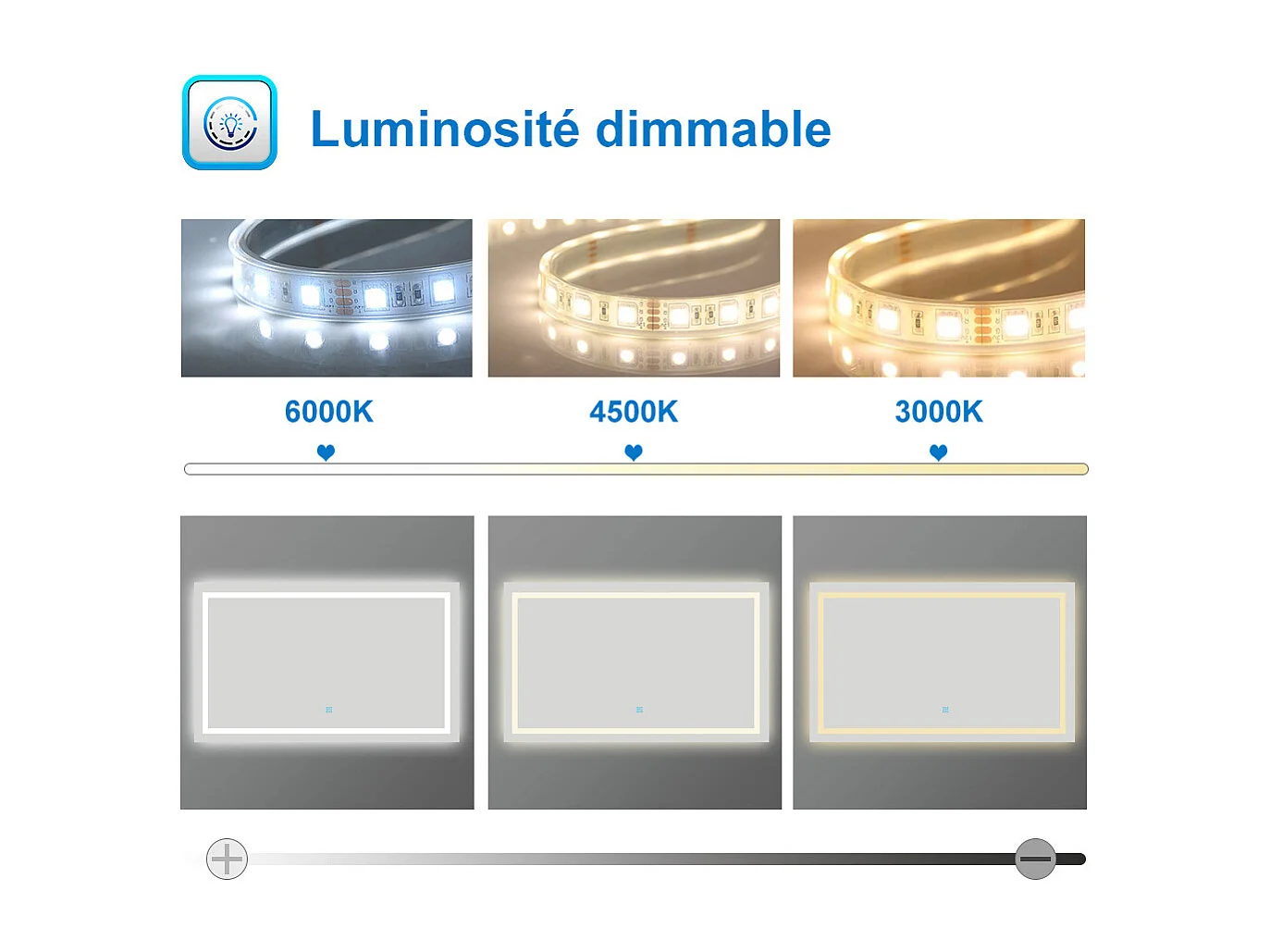 Miroir de salle de bain lumineux L.100 x H.70 cm avec Anti-Buée + 3 Couleurs + Dimmable, Miroir LED Mural