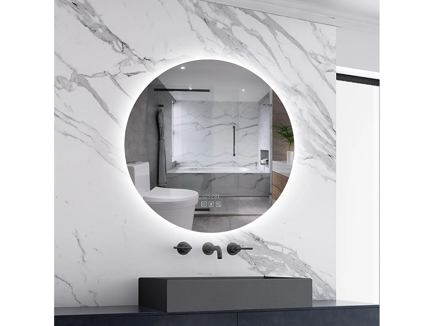 AICA LED Badspiegel Rund 70cm Bluetooth Uhr Anti-Beschlag 3 Lichfarbe Dimmbar Memory-Funktion