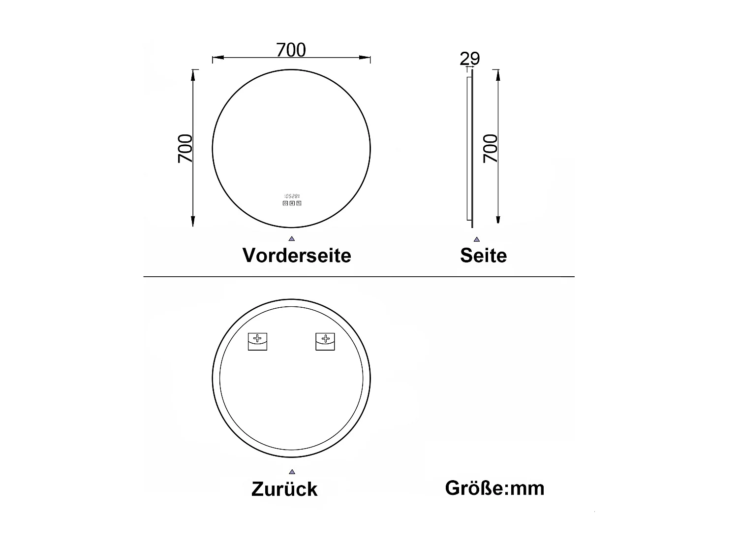AICA LED Badspiegel Rund 70cm Bluetooth Uhr Anti-Beschlag 3 Lichfarbe Dimmbar Memory-Funktion