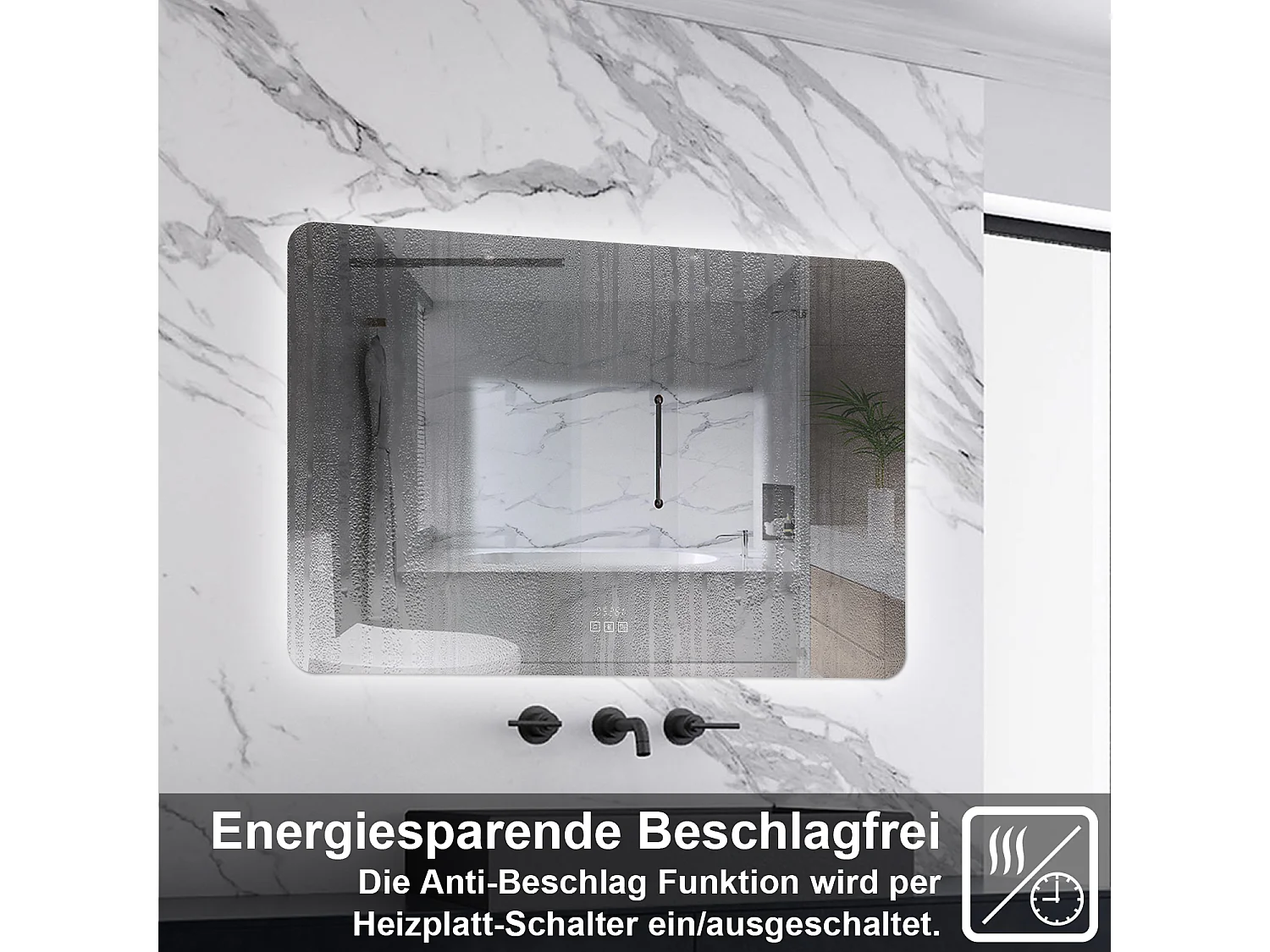 AICA LED Badspiegel 100x80cm Bluetooth Uhr Anti-Beschlag 3 Lichfarbe Dimmbar Memory-Funktion