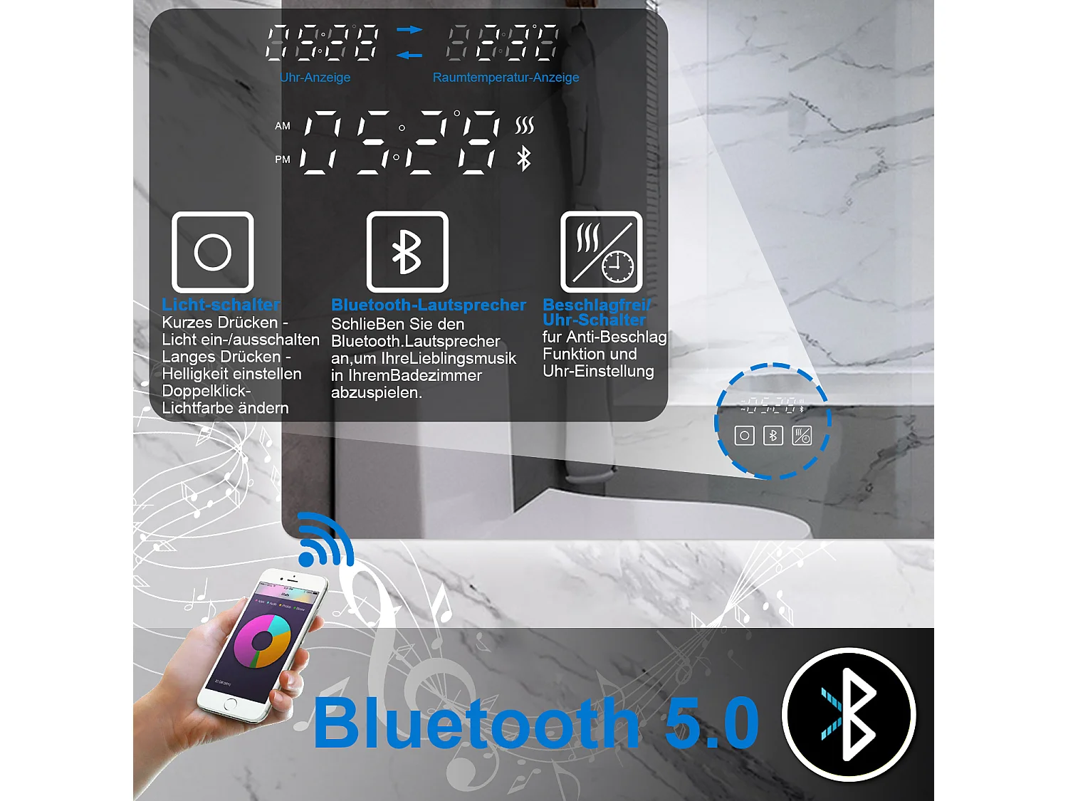 AICA LED Badspiegel 100x80cm Bluetooth Uhr Anti-Beschlag 3 Lichfarbe Dimmbar Memory-Funktion
