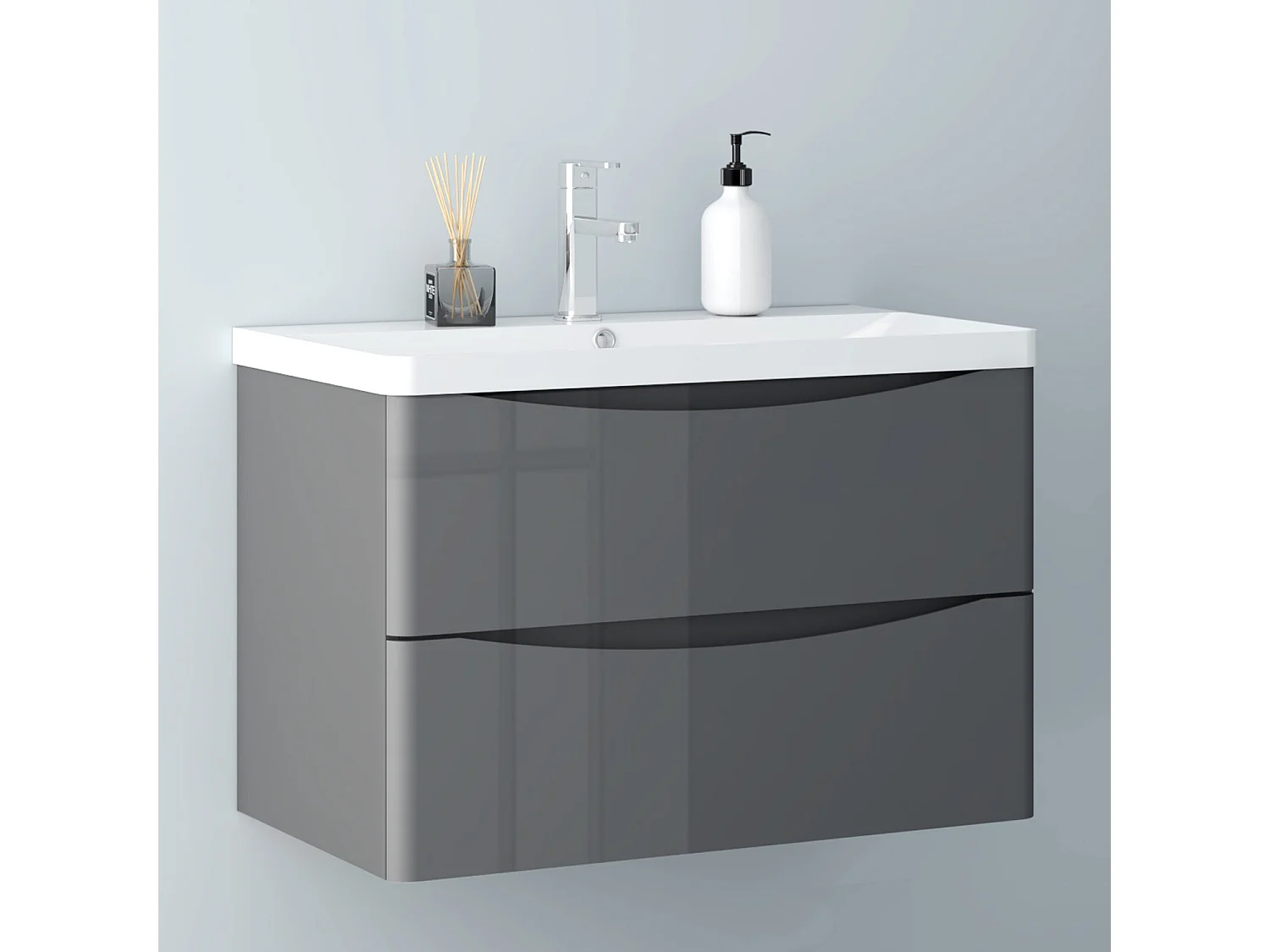 AICA Badezimmerschrank hängend 80cm Mineralguss waschbecken mit Unterschrank - Hochglanz Dunkelgrau  - SEMAL