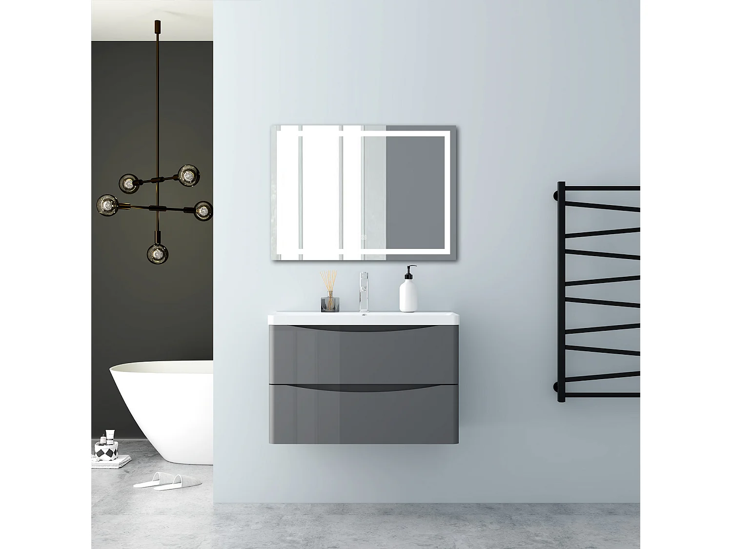 AICA Badezimmerschrank hängend 80cm Mineralguss waschbecken mit Unterschrank - Hochglanz Dunkelgrau  - SEMAL