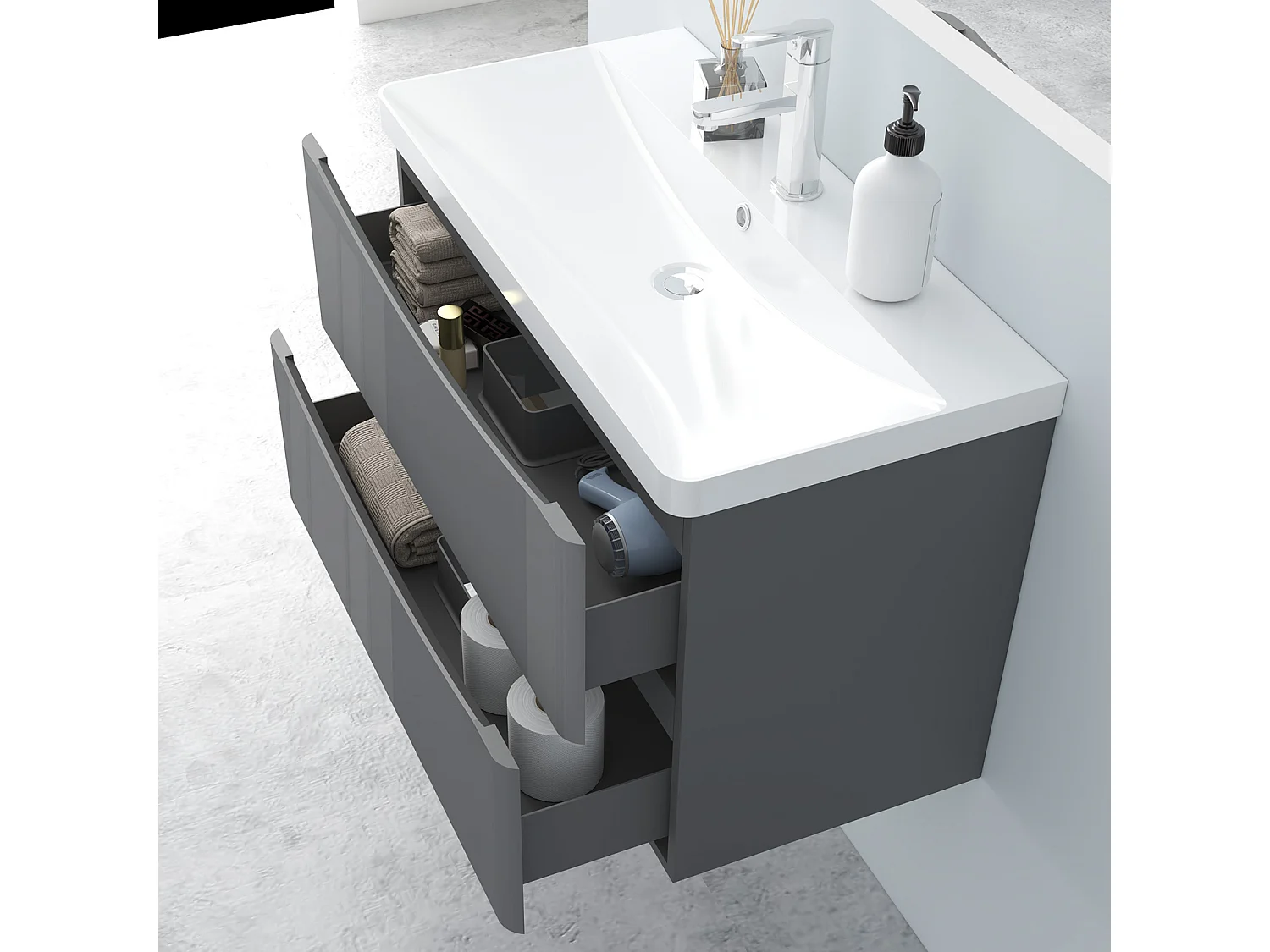 AICA Badezimmerschrank hängend 80cm Mineralguss waschbecken mit Unterschrank - Hochglanz Dunkelgrau  - SEMAL