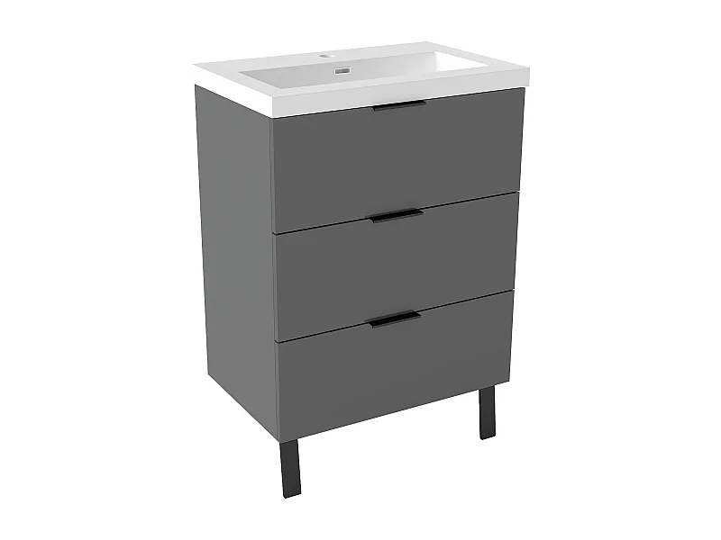 AICA Meuble salle de bain 60cm avec 3 tiroirs + 2 Pieds, Meuble simple vasque, Anthracite