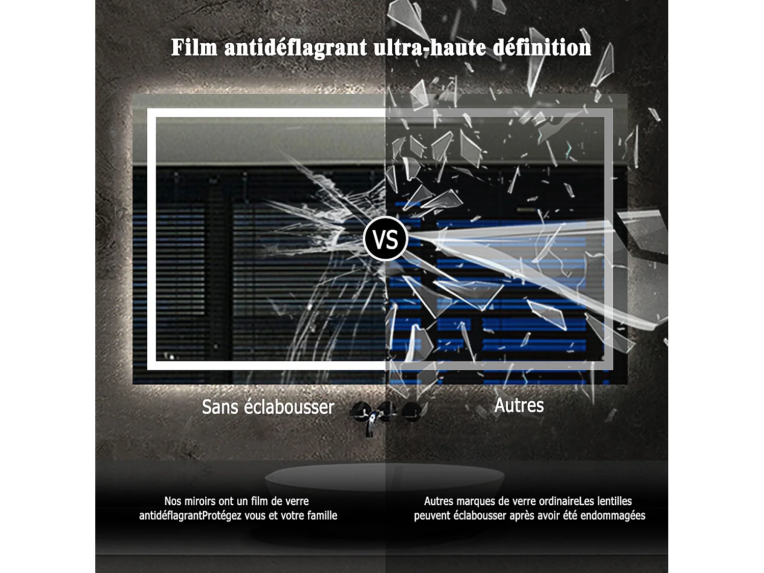 Miroir de salle de bain lumineux L.90 x H.60 cm avec Anti-Buée + 3 Couleurs + Dimmable, Miroir LED Mural