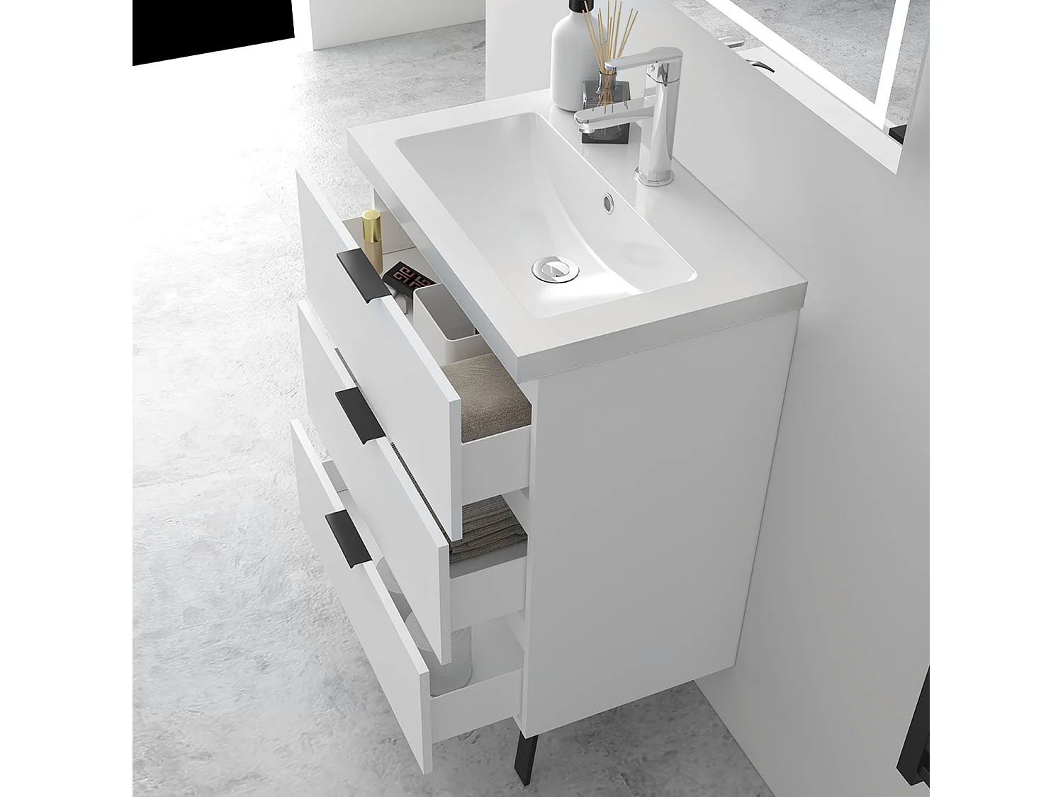 AICA Ensembles de meubles de Salle de Bain 60cm avec Pieds, et vasque en céramique, 3 tiroirs, Blanc, Style Moderne