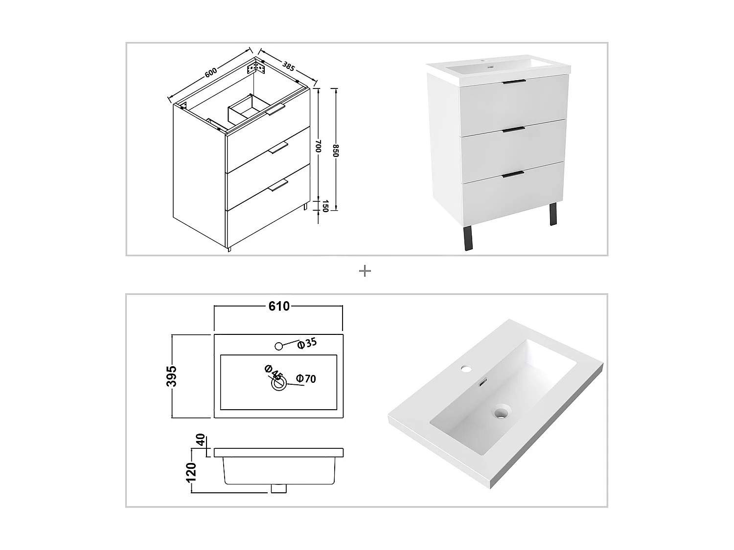 AICA Meuble salle de bain 60cm avec 3 tiroirs + 2 Pieds, Meuble simple vasque, Blanc