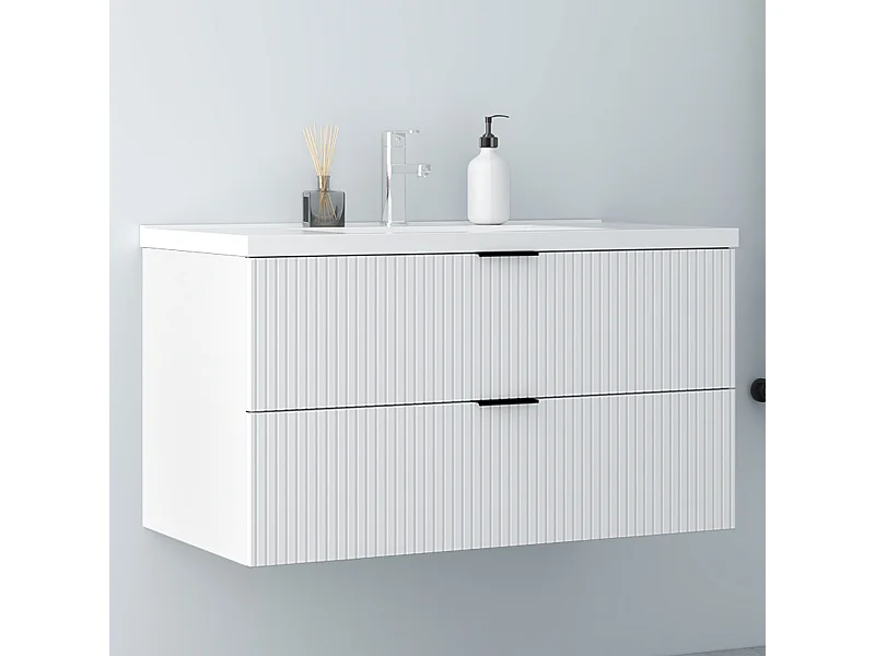 AICA Badmöbel 100cm Dickes Keramik Waschtisch mit Unterschrank hängend - Streifenoptik - Matt Weiß