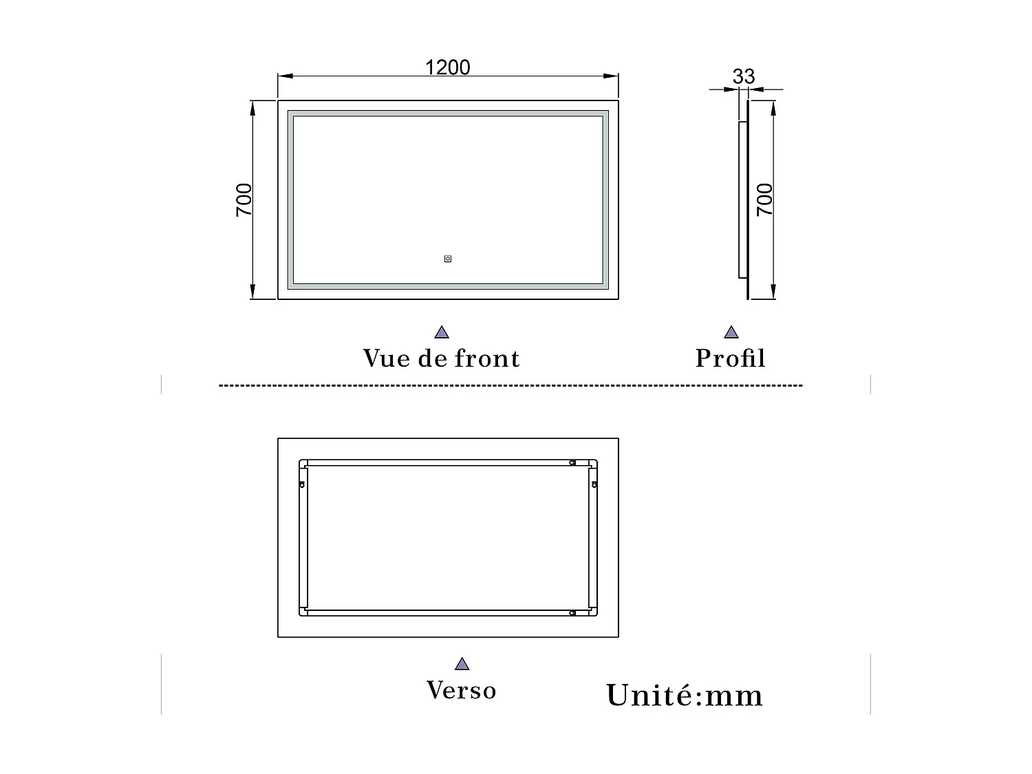 Miroir de salle de bain lumineux L.120 x H.70 cm avec Anti-Buée + 3 Couleurs + Dimmable, Miroir LED Mural
