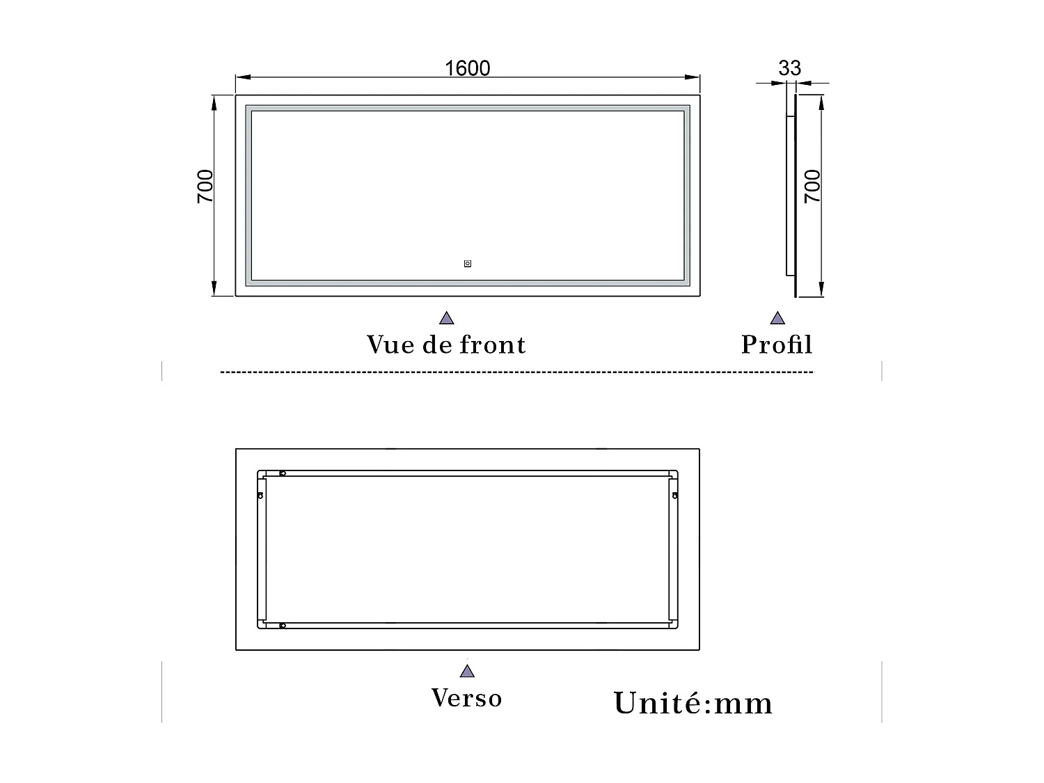 Miroir de salle de bain lumineux L.160 x H.70 cm avec Dimmable + Mémoire + D'arrêt automatique, Miroir LED Mural