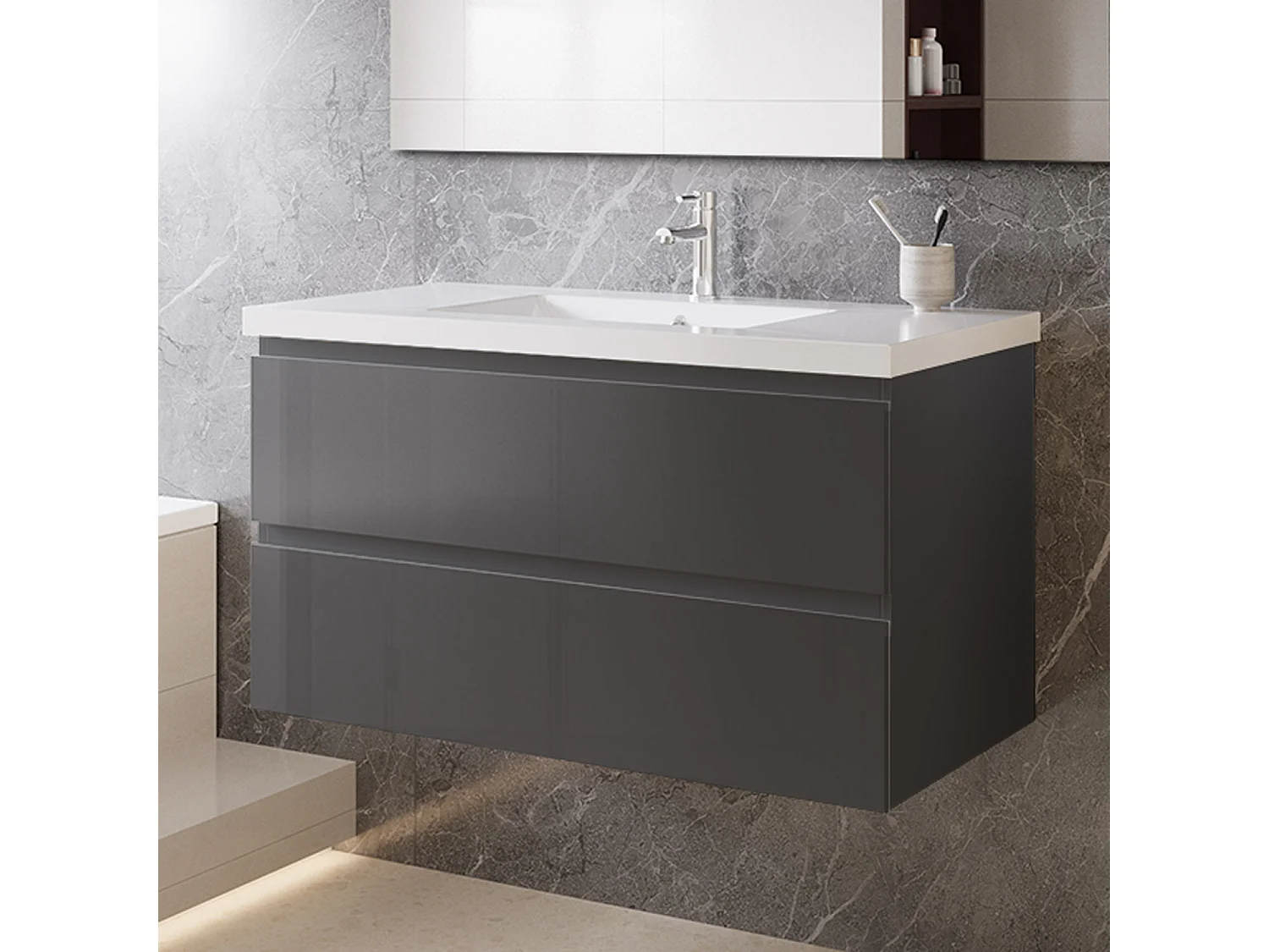 Mobile bagno sospeso con lavabo da incasso 99 cm,bianco,2 cassetti