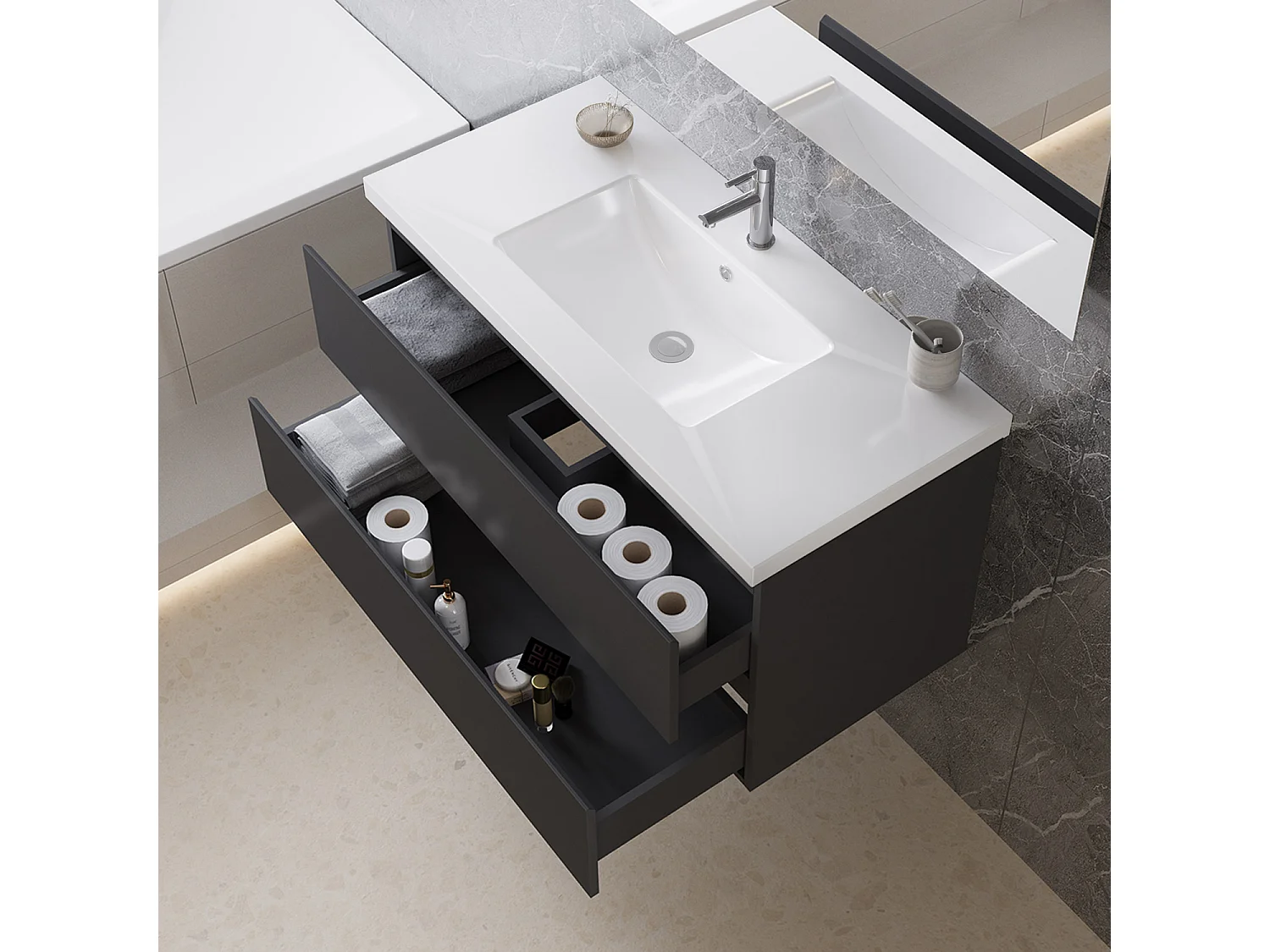 Mobile bagno sospeso con lavabo da incasso 99 cm,bianco,2 cassetti
