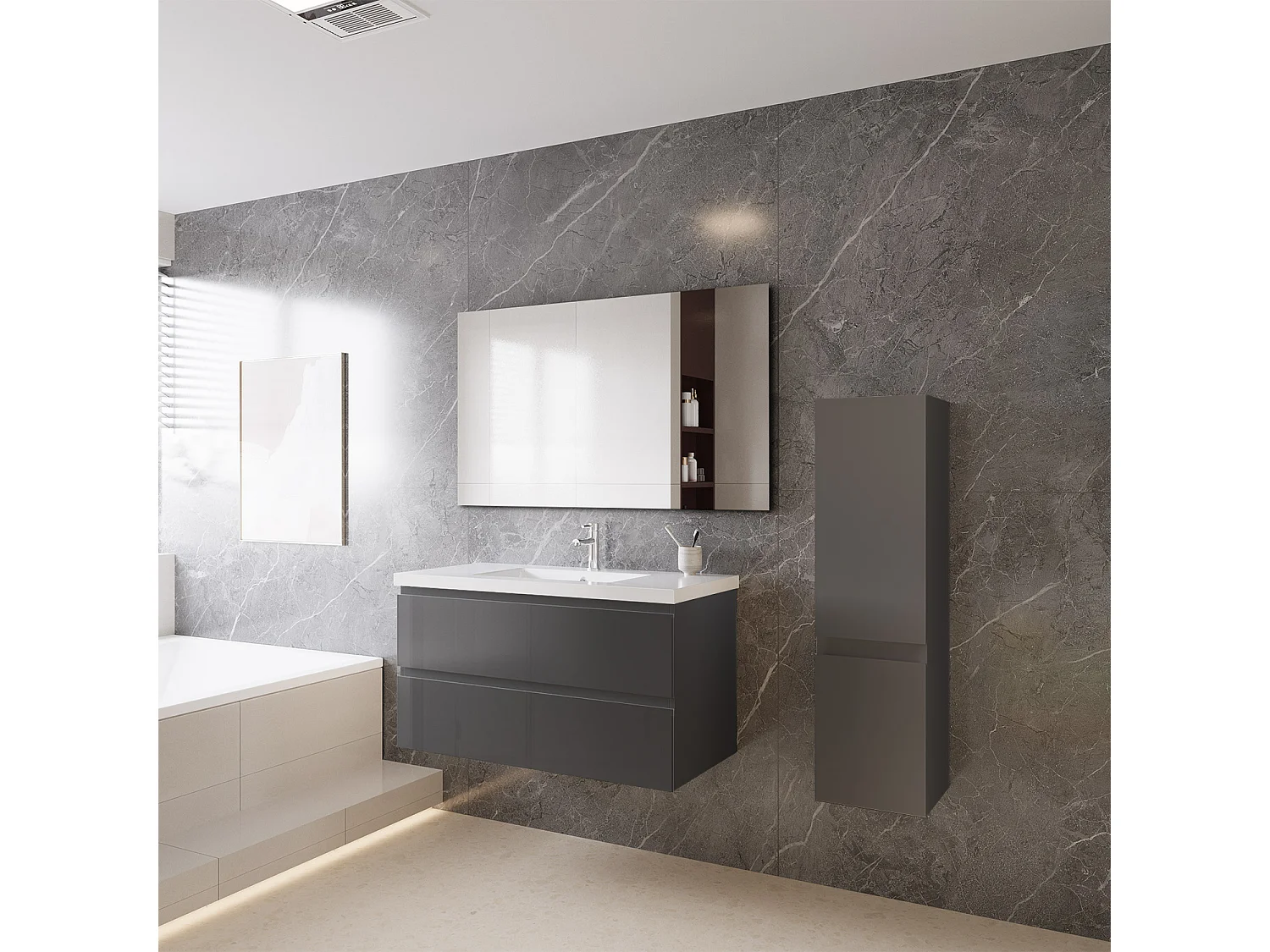 Mobile bagno sospeso con lavabo da incasso 99 cm,bianco,2 cassetti