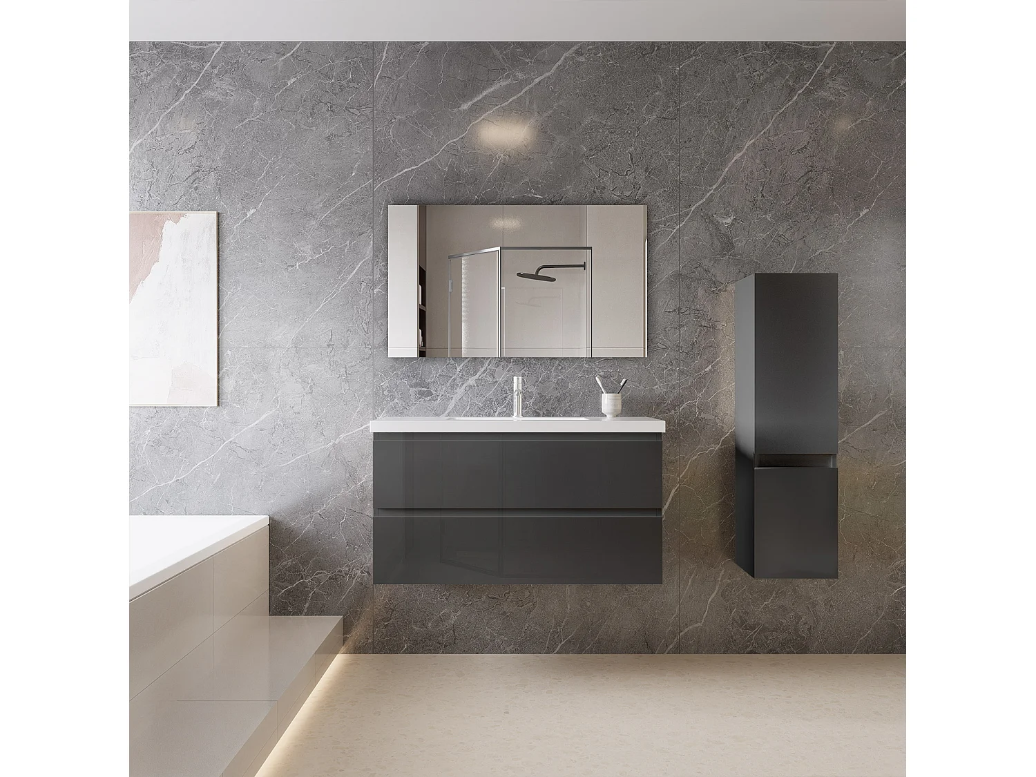 Mobile bagno sospeso con lavabo da incasso 99 cm,bianco,2 cassetti