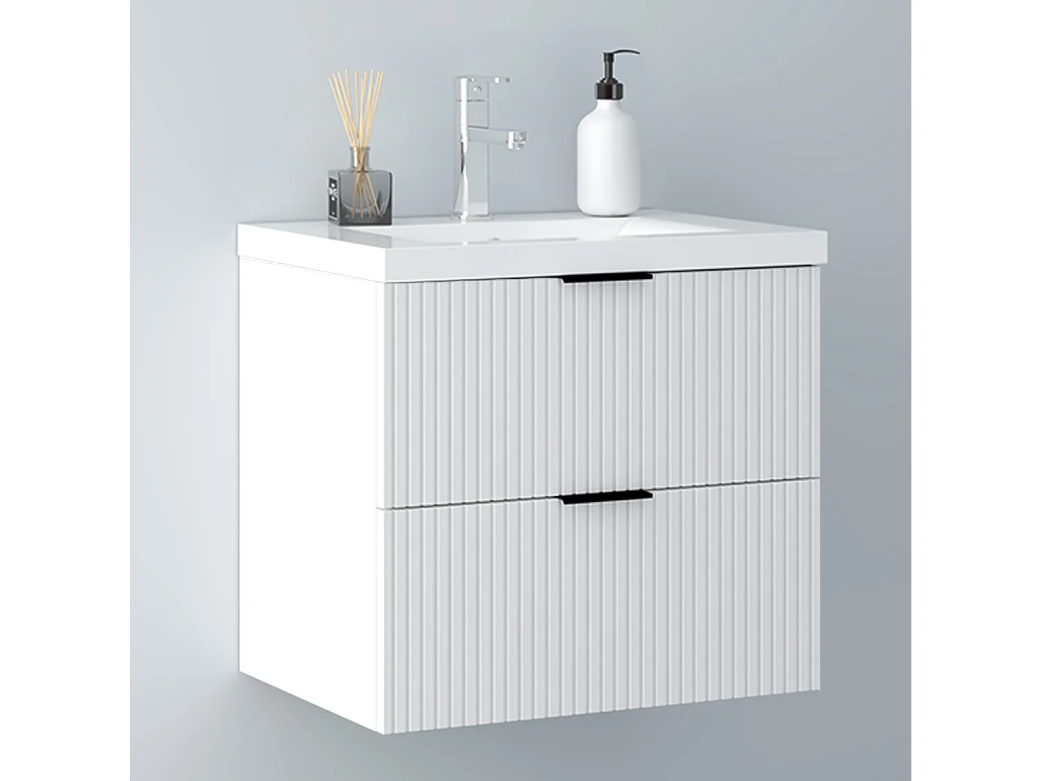 AICA Badmöbel 60cm Dickes Keramik Waschtisch mit Unterschrank hängend - Streifenoptik - Matt Weiß