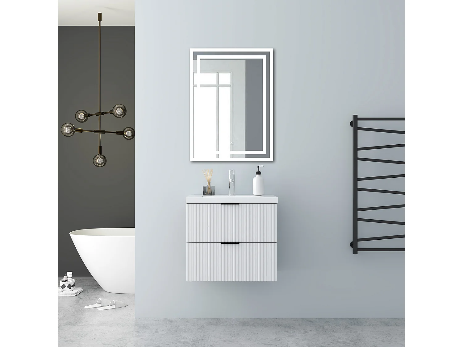 AICA Badmöbel 60cm Dickes Keramik Waschtisch mit Unterschrank hängend - Streifenoptik - Matt Weiß