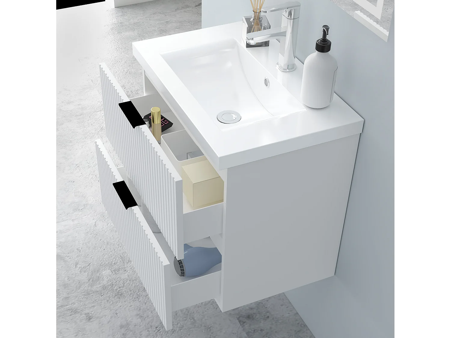 AICA Badmöbel 60cm Dickes Keramik Waschtisch mit Unterschrank hängend - Streifenoptik - Matt Weiß