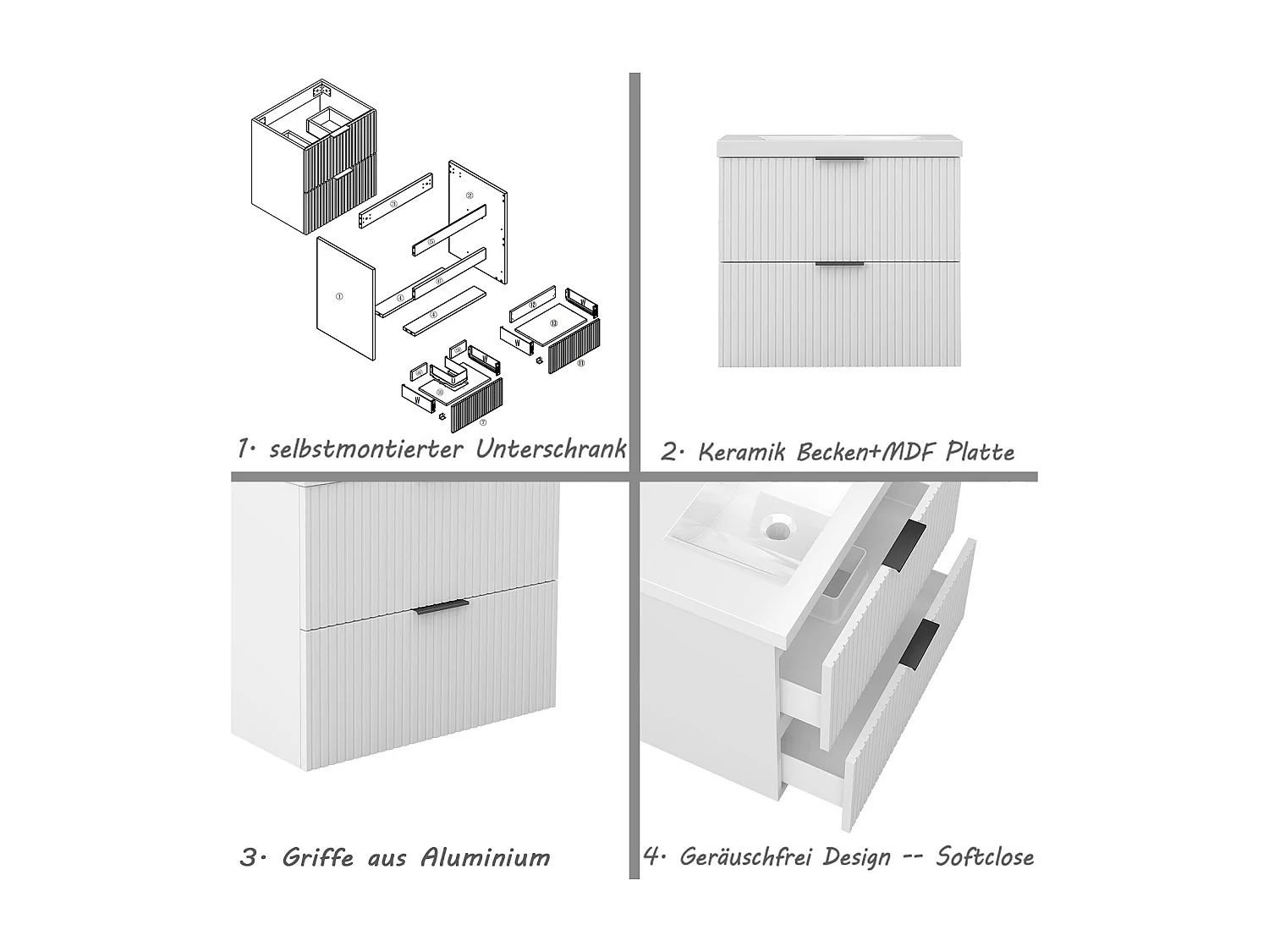 AICA Badmöbel 60cm Dickes Keramik Waschtisch mit Unterschrank hängend - Streifenoptik - Matt Weiß