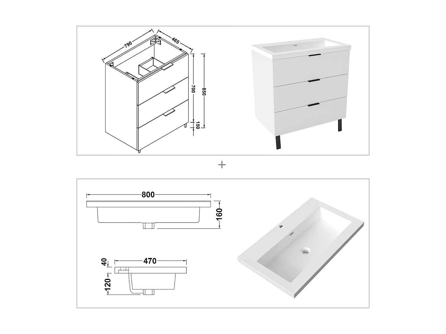 AICA Meuble salle de bain 80cm avec 3 tiroirs + 2 Pieds, Meuble simple vasque, Blanc
