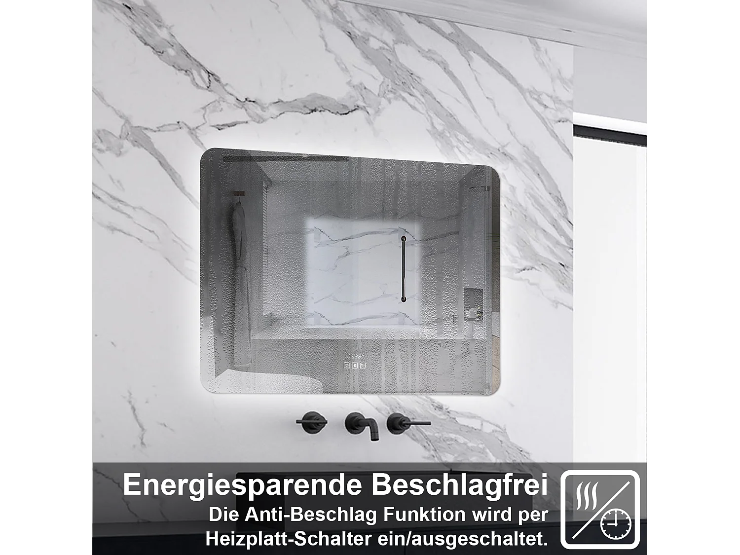 AICA LED Badspiegel 70x50cm Bluetooth Uhr Anti-Beschlag 3 Lichfarbe Dimmbar Memory-Funktion