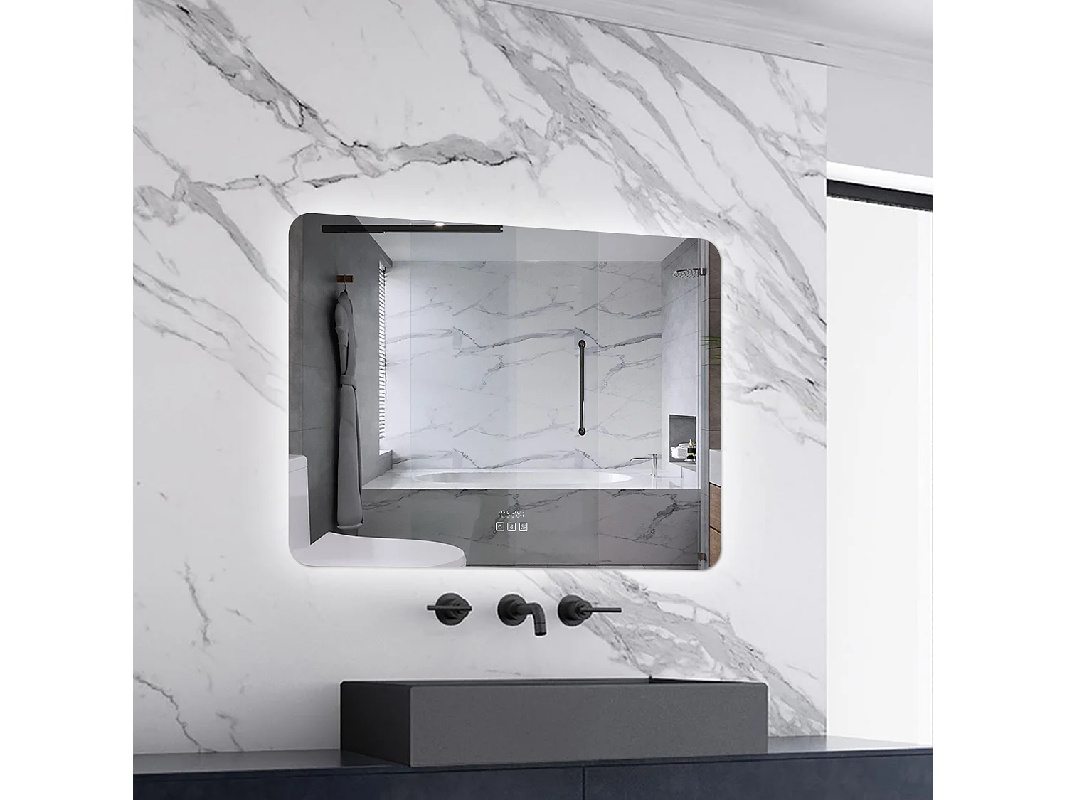 AICA LED Badspiegel 70x50cm Bluetooth Uhr Anti-Beschlag 3 Lichfarbe Dimmbar Memory-Funktion