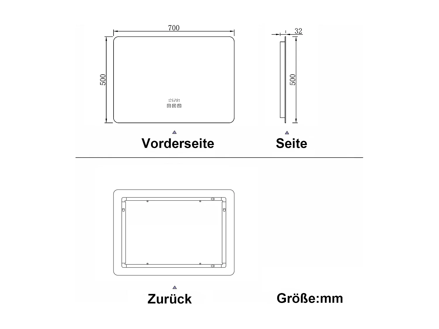 AICA LED Badspiegel 70x50cm Bluetooth Uhr Anti-Beschlag 3 Lichfarbe Dimmbar Memory-Funktion