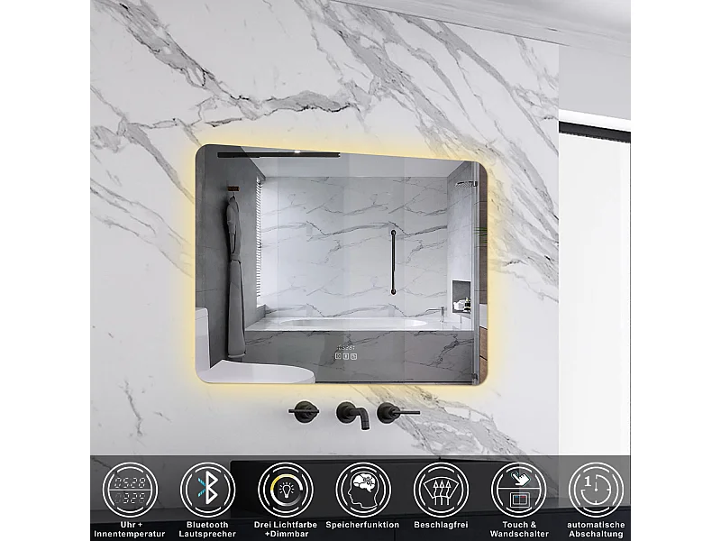 AICA LED Badspiegel 70x50cm Bluetooth Uhr Anti-Beschlag 3 Lichfarbe Dimmbar Memory-Funktion