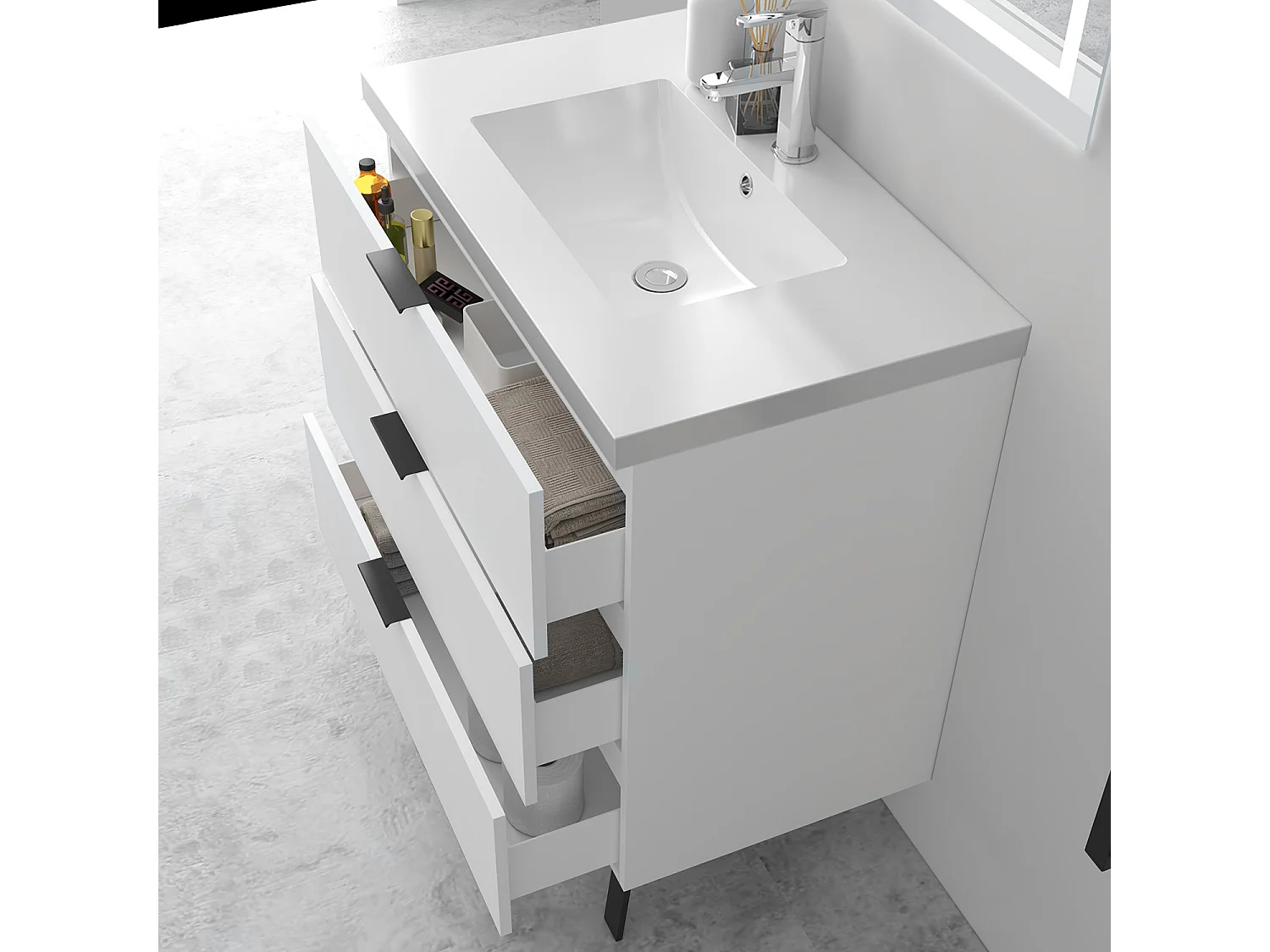AICA Ensembles de meubles de Salle de Bain 80cm avec 2 Pieds, et vasque en céramique, 3 tiroirs, Blanc, Style Moderne