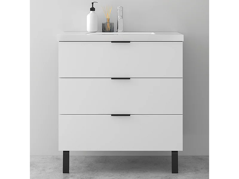 AICA Ensembles de meubles de Salle de Bain 80cm avec 2 Pieds, et vasque en céramique, 3 tiroirs, Blanc, Style Moderne