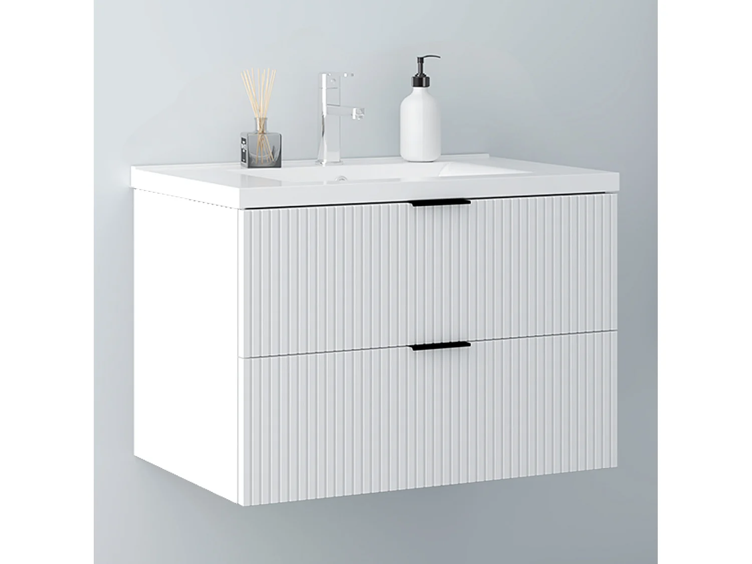 AICA Badmöbel 80cm Dickes Keramik Waschtisch mit Unterschrank hängend - Streifenoptik - Matt Weiß