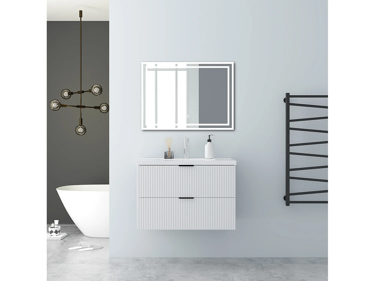 AICA Badmöbel 80cm Dickes Keramik Waschtisch mit Unterschrank hängend - Streifenoptik - Matt Weiß