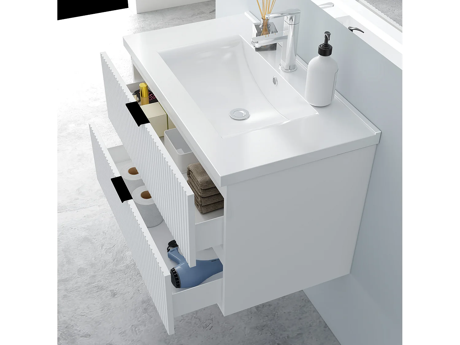 AICA Badmöbel 80cm Dickes Keramik Waschtisch mit Unterschrank hängend - Streifenoptik - Matt Weiß