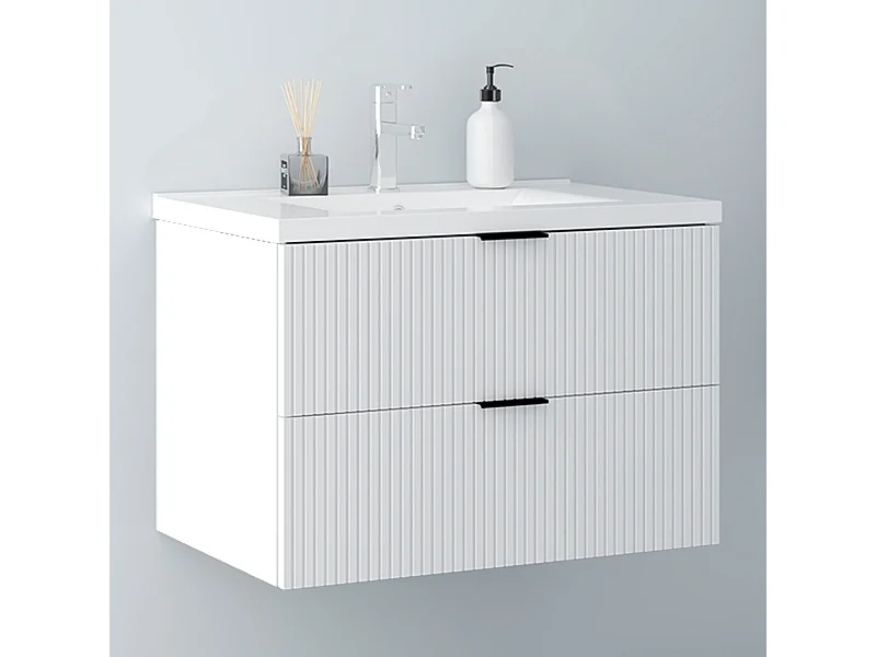 AICA Badmöbel 80cm Dickes Keramik Waschtisch mit Unterschrank hängend - Streifenoptik - Matt Weiß